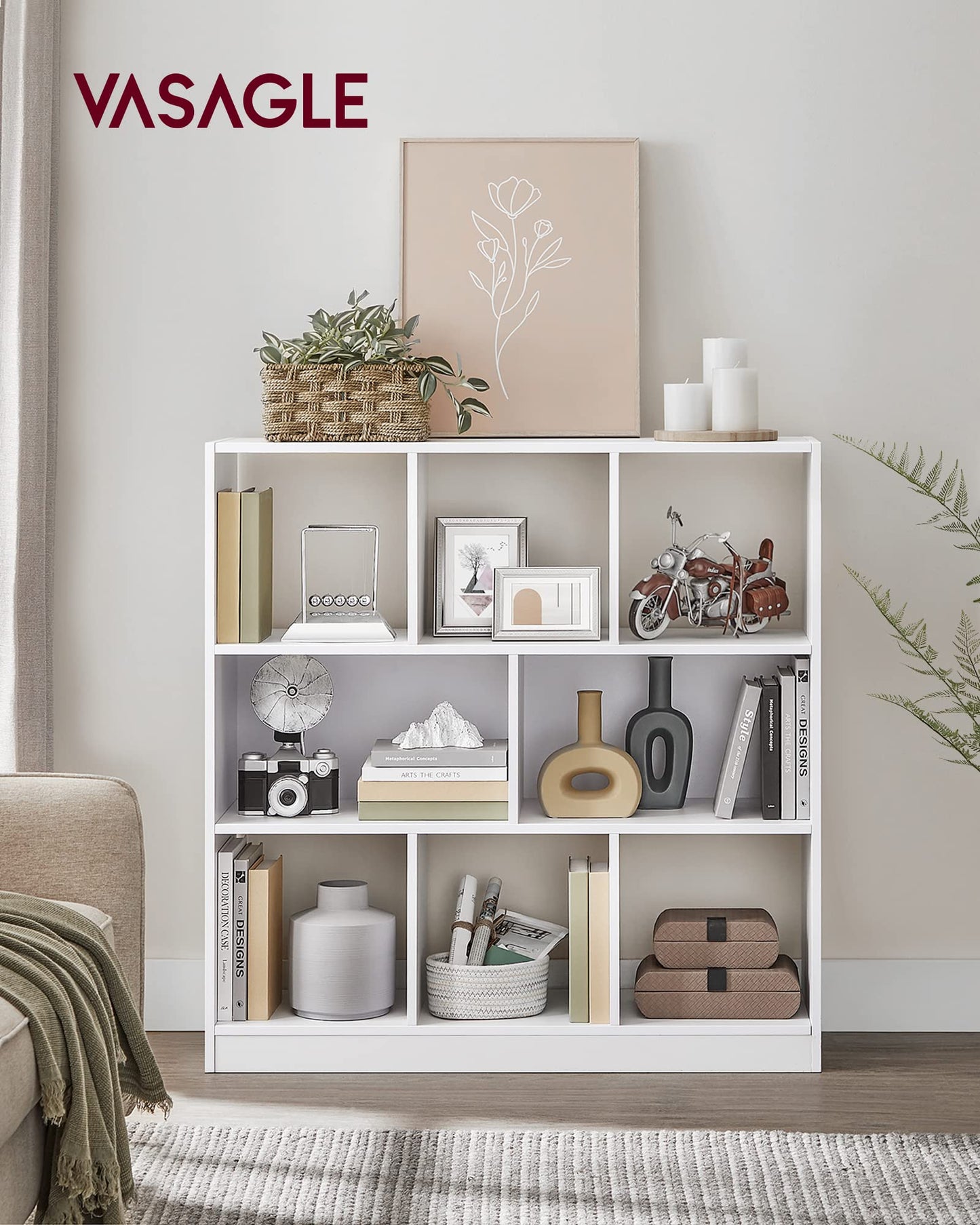 VASAGLE Bücherregal 8 Fächer Weiß, Flexibles Würfelregal 97,5 x 100 cm für Wohnzimmer, Büro und Schlafzimmer