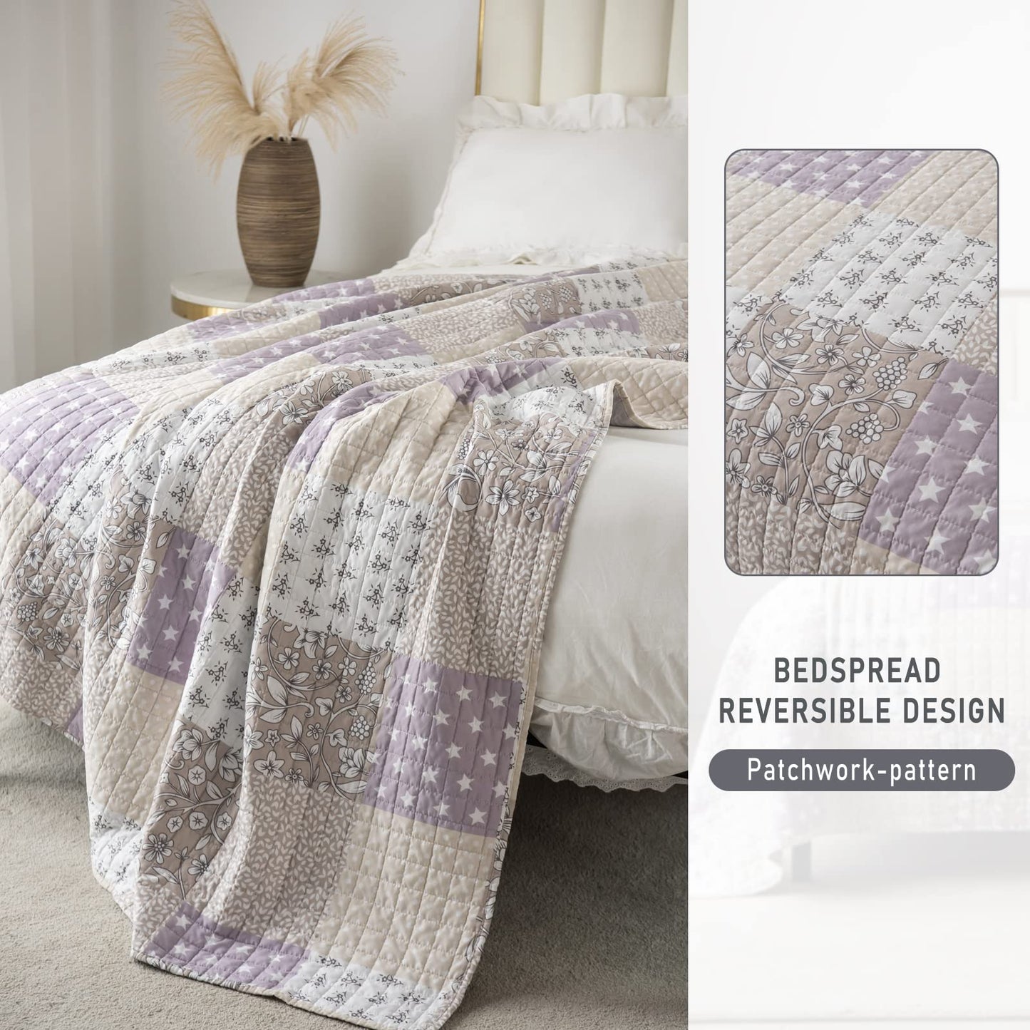 WOLTU Tagesdecke 220x240 cm Bettüberwurf, Steppdecke Blumenkaro Patchwork Wendedesign, Bedspreads aus Mikrofaser, überwurfdecke Doppelbett unterfüttert und gesteppt