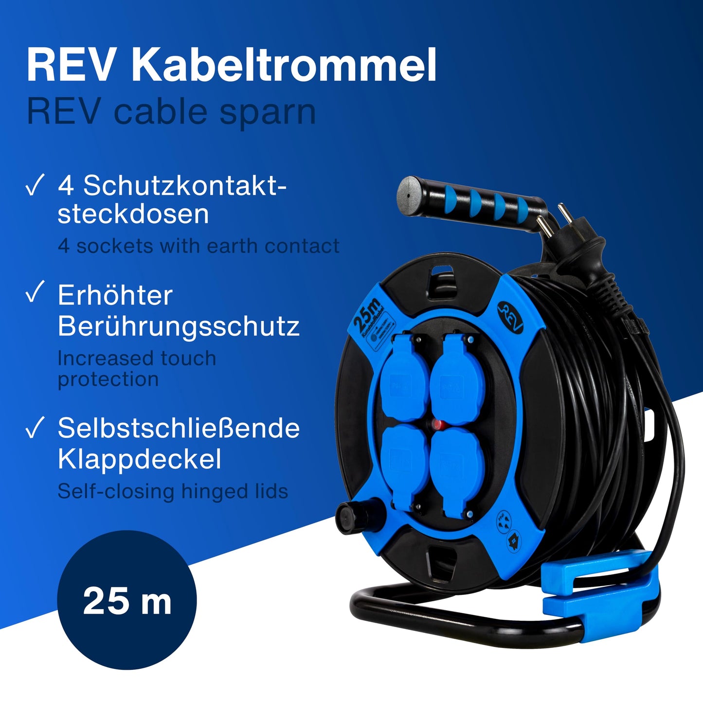 REV Kabeltrommel, IP44, Outdoor, 4 Schutzkontaktsteckdosen, 25m, schwarz