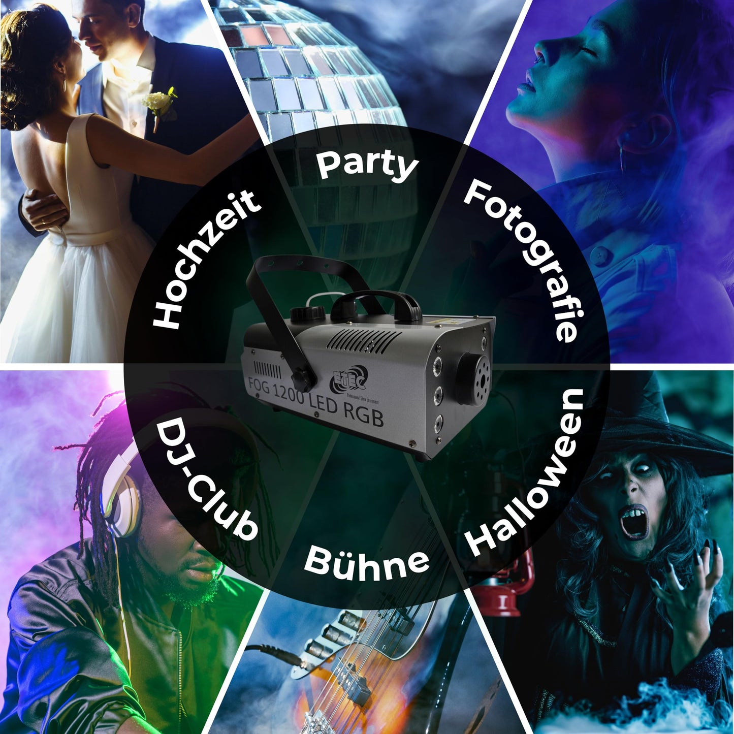 ETEC Professional FOG 1200 LED Nebelmaschine 6x3 Watt LED RGB 3in1 Fernbedienung Fogger Party Disco DJ Club Event Bühne Rauch Lichteffekt