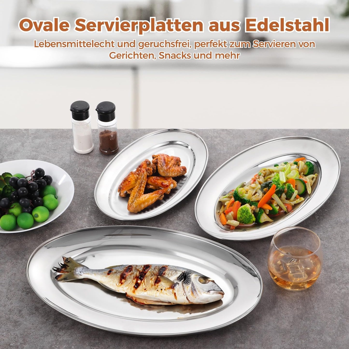 3 Stück ovale Edelstahl-Servierplatten, lebensmittelechte Metall-Servierplatte, großes Brutzel-Serviertablett, Kellnertablett, hochglanzpoliertes Edelstahl-Lebensmitteltablett für Abendessen, Partys