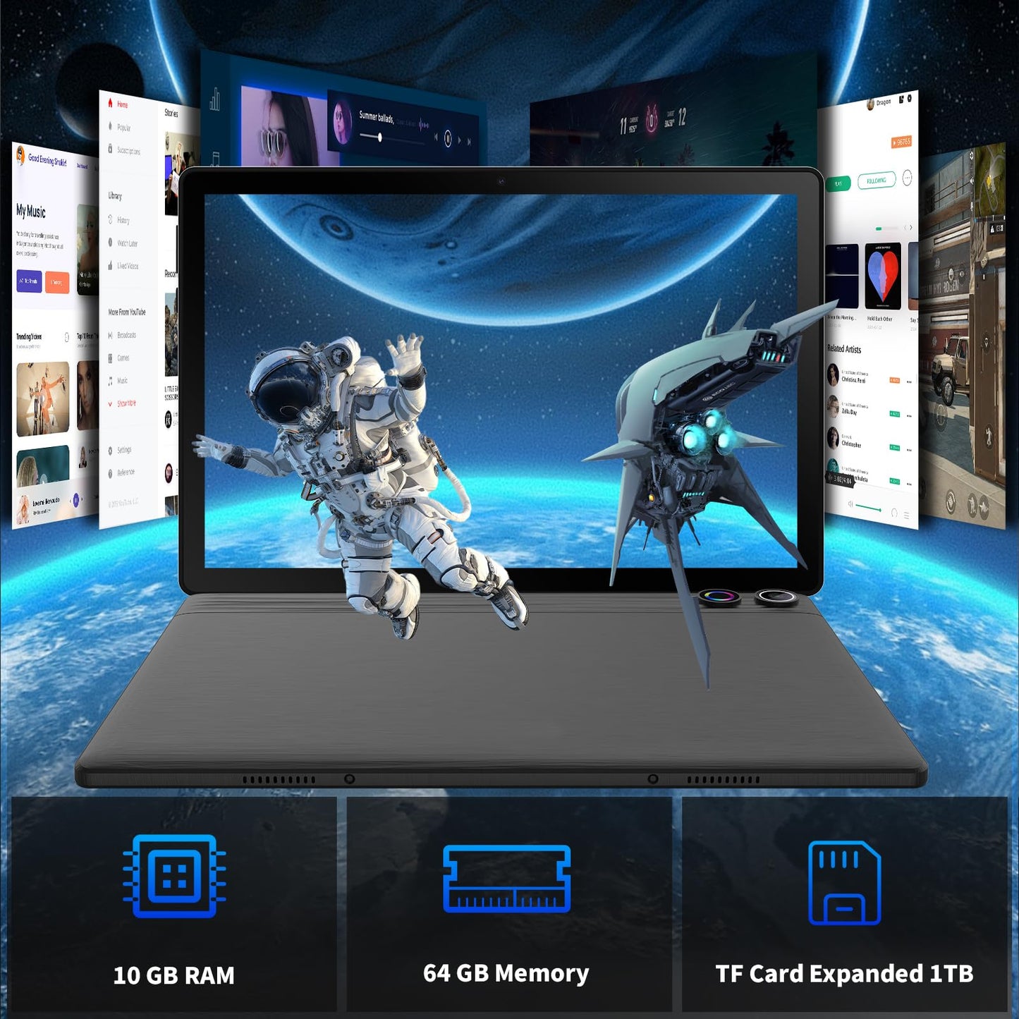 Tablet 10 Zoll 8-in-1 Kit Android 14 Tablet PC mit Hülle Tastatur Maus Stift Kopfhörer Netzstecker Kabel Octa-Core 10 GB RAM 64 GB ROM 1TB TF Erweiterbar 1280x800 IPS Touchscreen 5000 mAh (Schwarz)