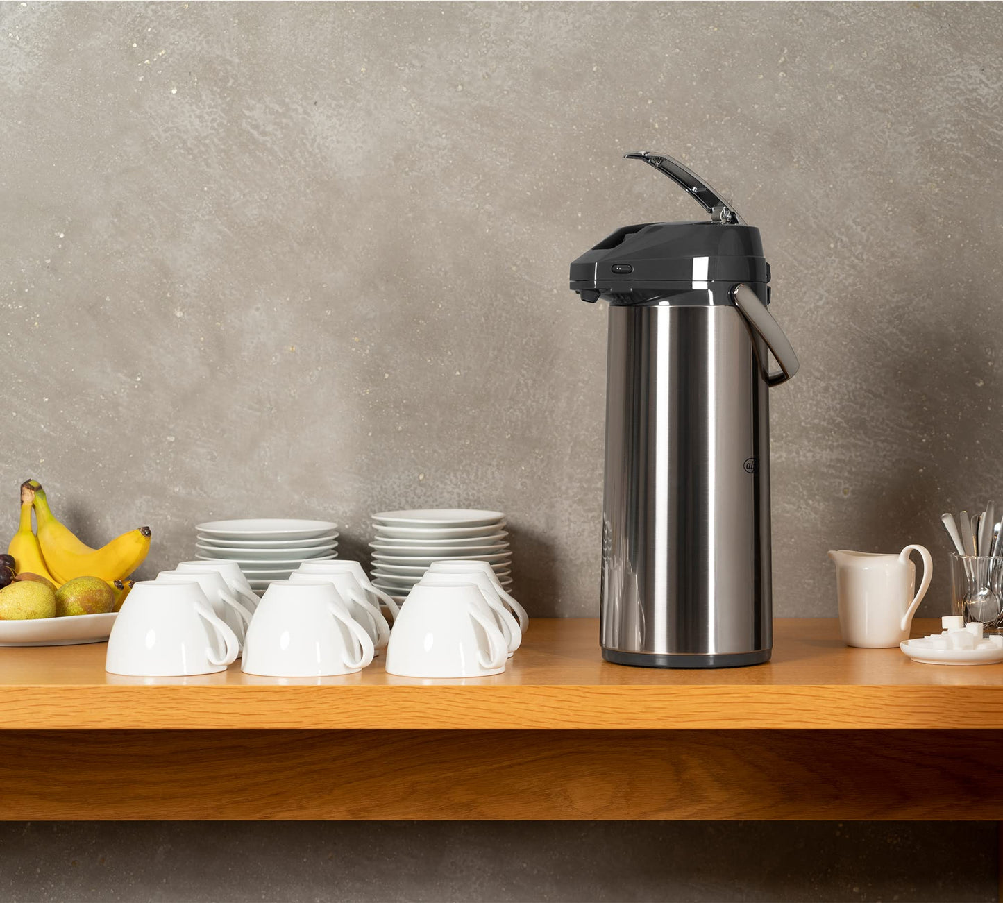 alfi GETRÄNKESPENDER 2,2 Liter, Pumpkanne aus poliertem Edelstahl mit Hartglaseinsatz, integrierte Pumpe, hält 12 Stunden warm, 24 Stunden kalt, für 18 Tassen, 360° drehbarer Boden, ideal für Catering