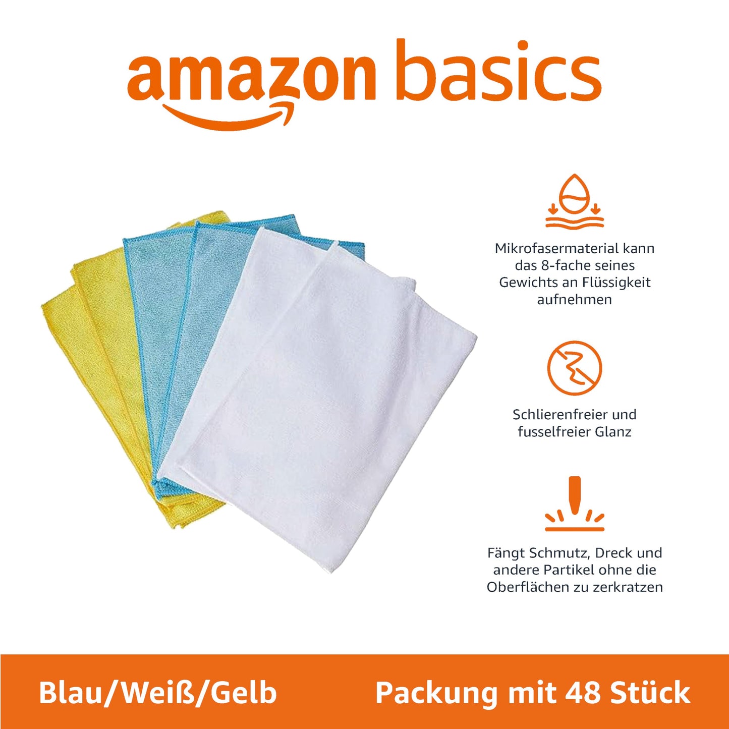 Amazon Basics Mikrofaser Reinigungstuch, 30.5 x 40.6 cm, 48 Stück, Mehrfarbig