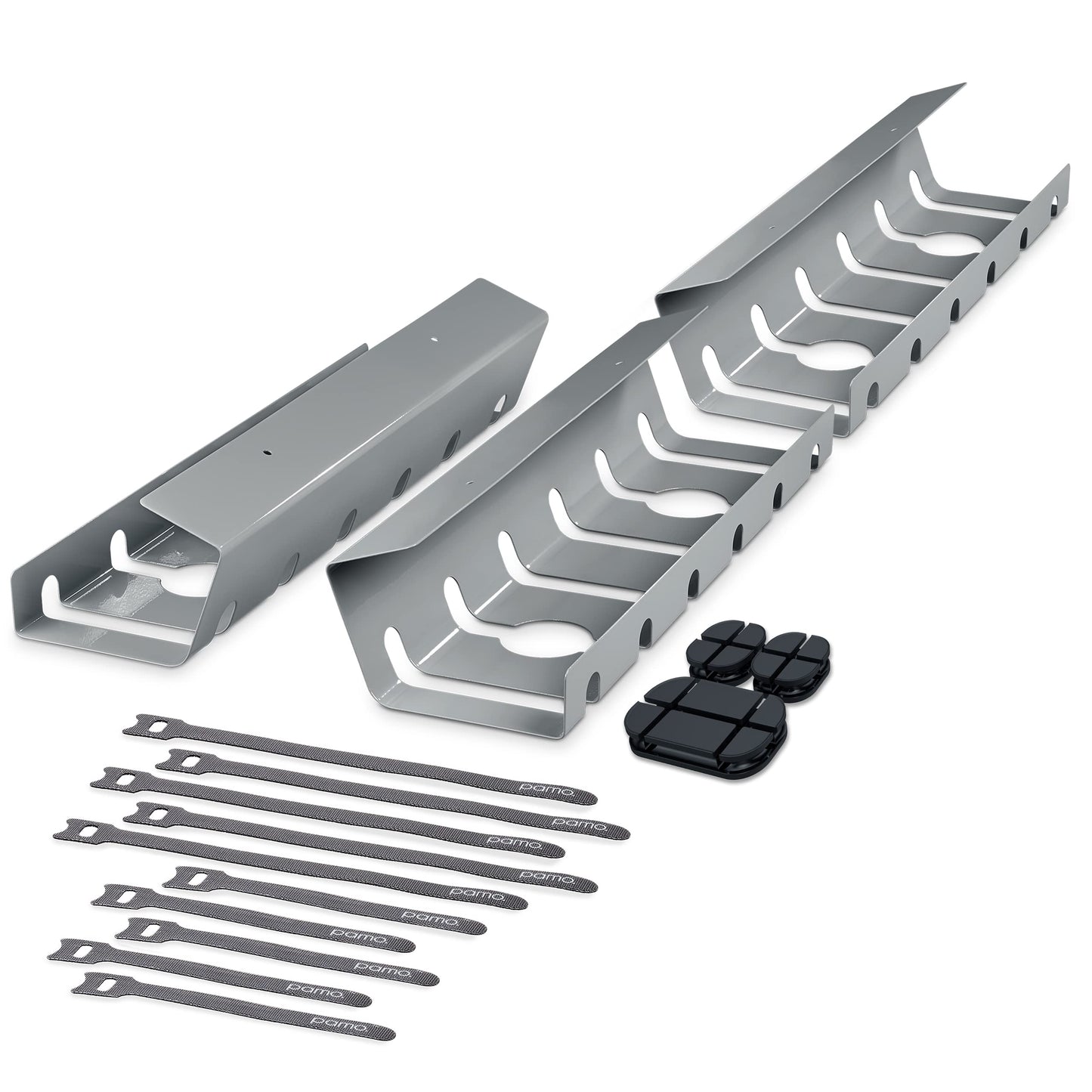 pamo Kabelkanal Grau Silber 3er Set Kabelführung aus Stahl 44x10x12 cm mit Klettkabelbindern und Clips für Schreibtisch Kabelmanagement