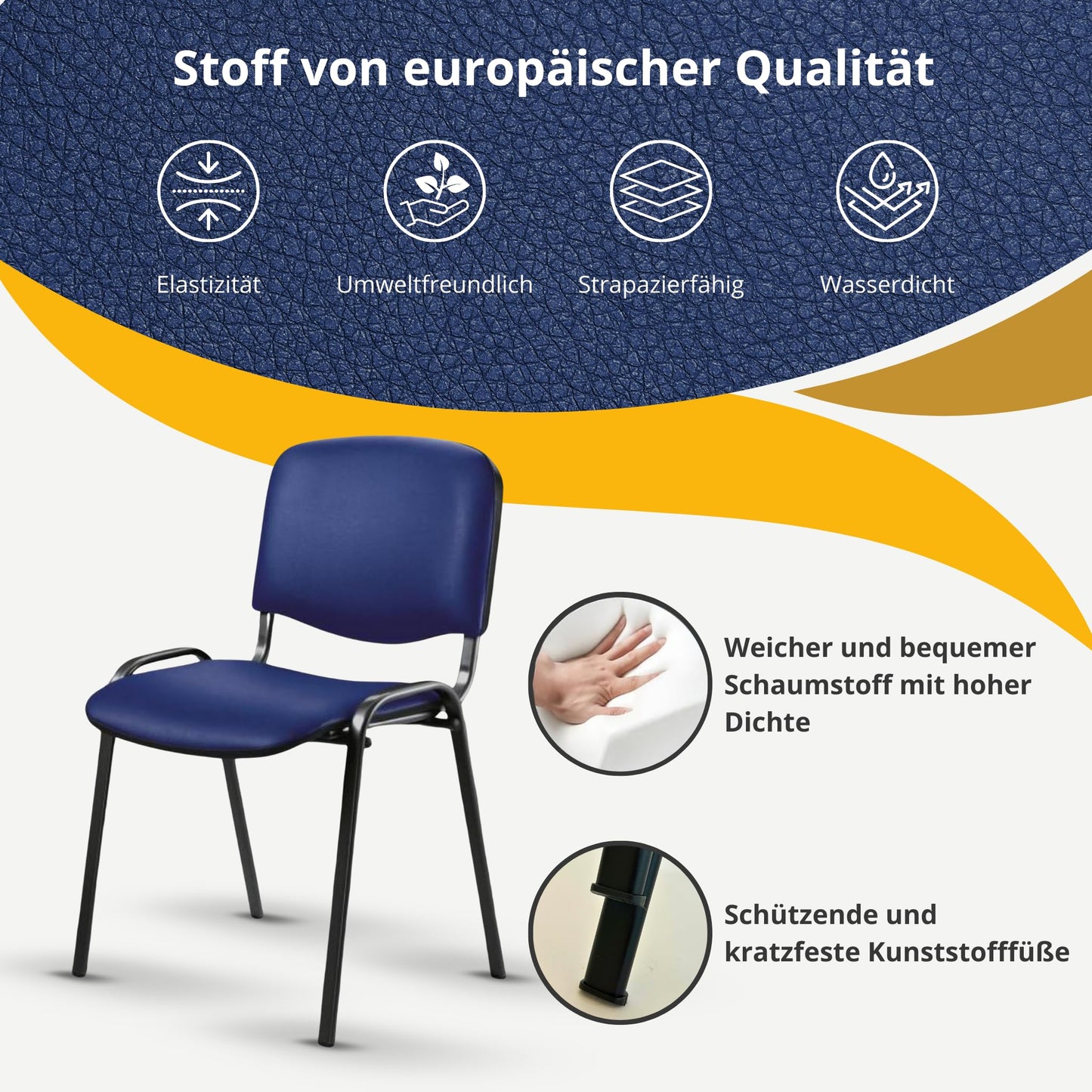 topsit 4er Set Wartezimmerstuhl, stapelbarer Besucherstuhl mit Polsterung und Kunstlederbezug, Metallgestell Bürostuhl, Konferenzstuhl für Home Office, Rezeption Pausen Raum (Blau)