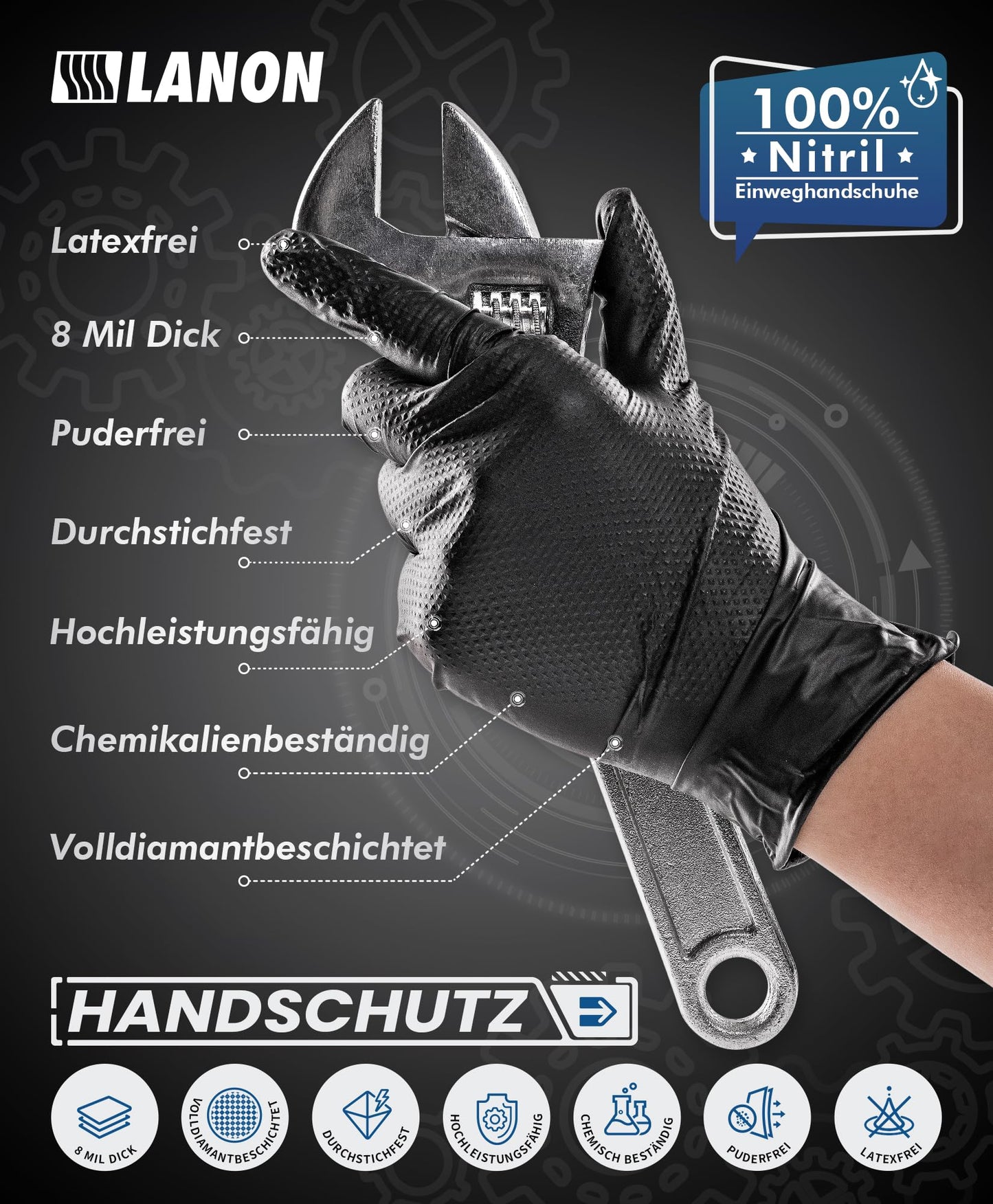 LANON 8 Mil Schwarz Nitrilhandschuhe, Diamanttextu Einweghandschuhe Extra Stark, Mechaniker, Langlebig, Lebensmittelecht, Latexfrei, Pulverfrei, M(100 Stück)
