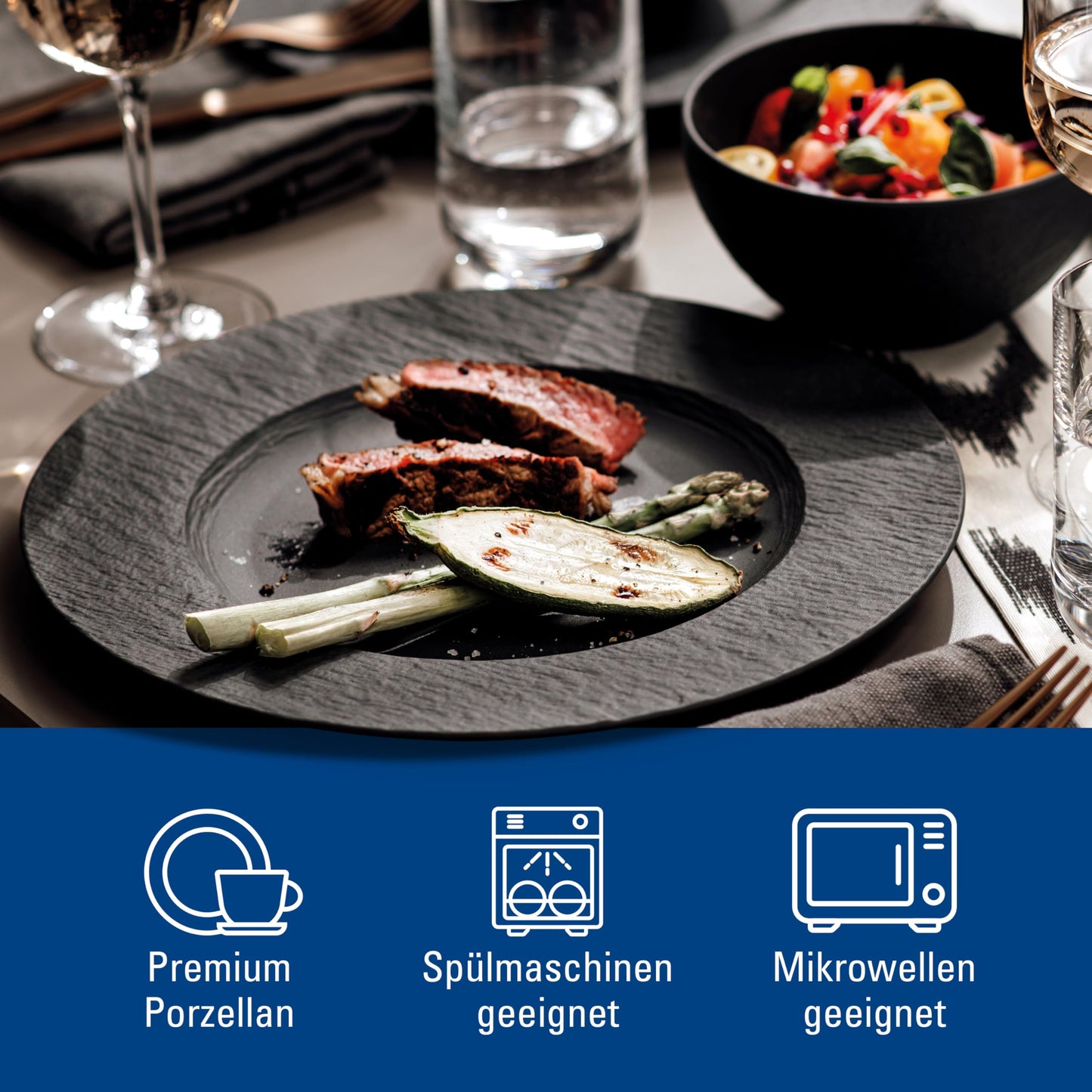 Villeroy & Boch – Manufacture Rock Teller-Set, 4 Tlg., Geschirr Set Für 2 Personen, Premium Porzellan, Schwarz