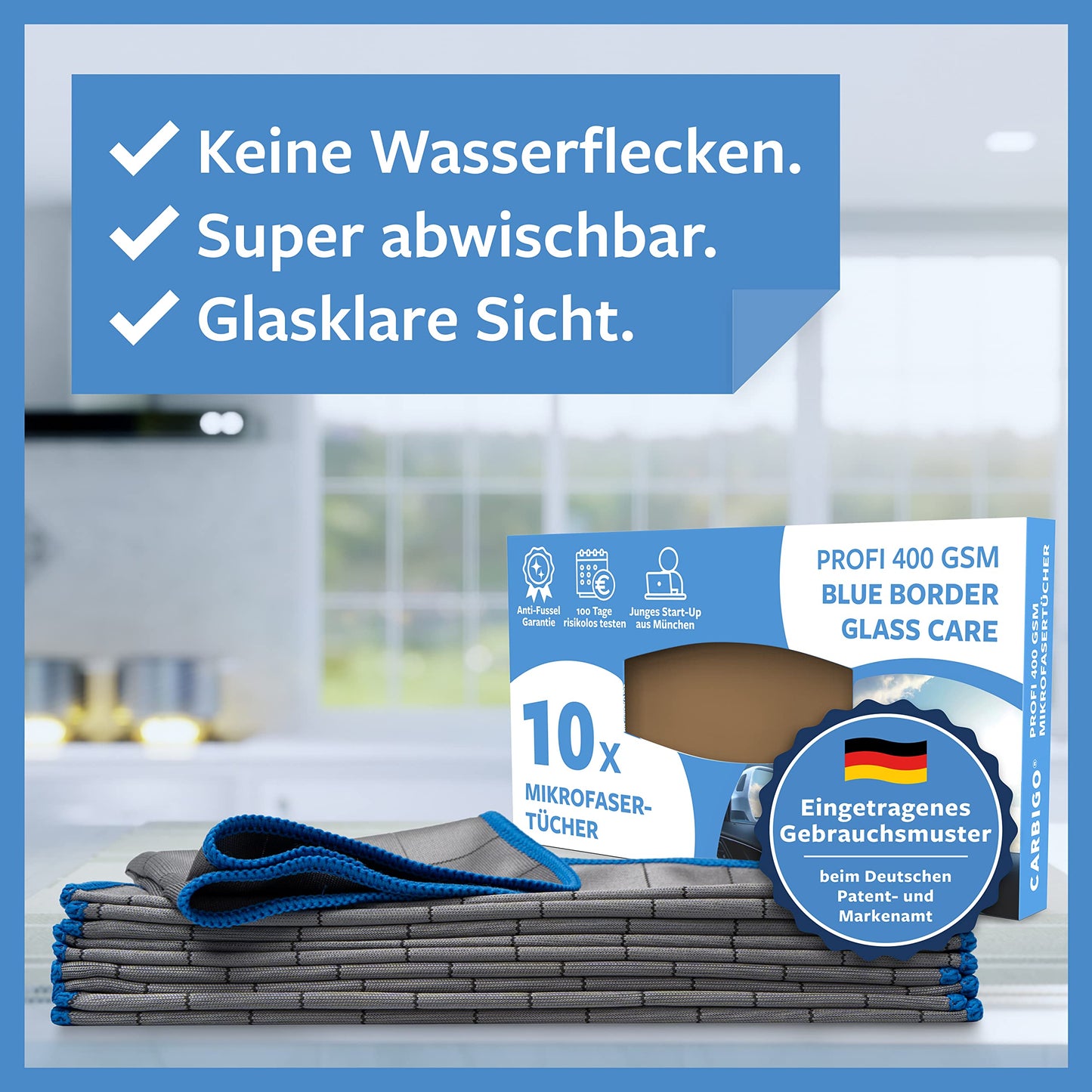 Carbigo® Box 10x Mikrofaser Glastücher – Microfasertuch Glas für streifenfreie Reinigung von Scheiben, Fenster, Gläser – Kristallklare Autoscheiben – Perfekte Microfaser Glastücher 25x25cm (400 GSM)