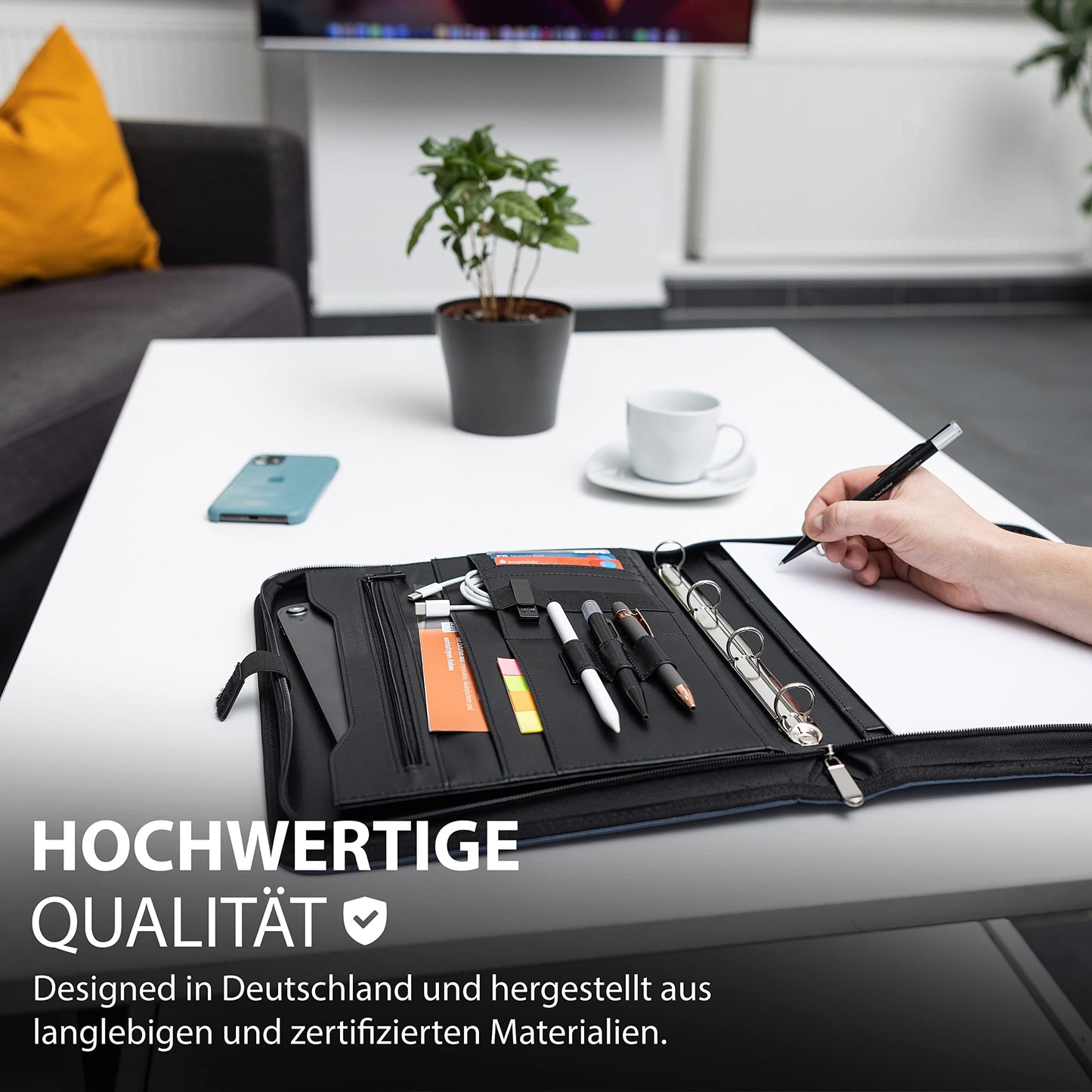 Vebon® Schreibmappe Ringbuch A4 Berlin I Reißverschluss + Klemmbrett I Konferenzmappe + Laptoptasche I extra Stauraum I Schwarz I Kunstleder