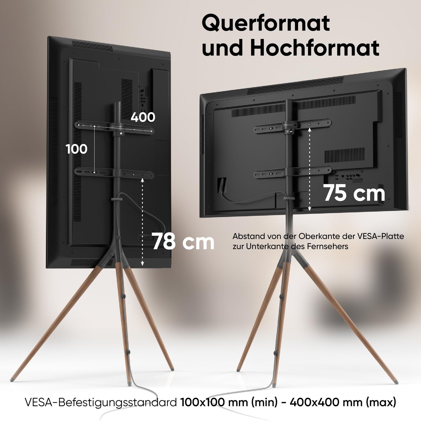 ONKRON TV Staffelei für 32-65 Zoll TV bis zu 35 kg, Fernsehständer höhenverstellbar, schwenkbar max VESA 400x400 Standfuß Fernseher Bodenständer aus Holz/TV Ständer Dreibein Schwarz TS1220-B