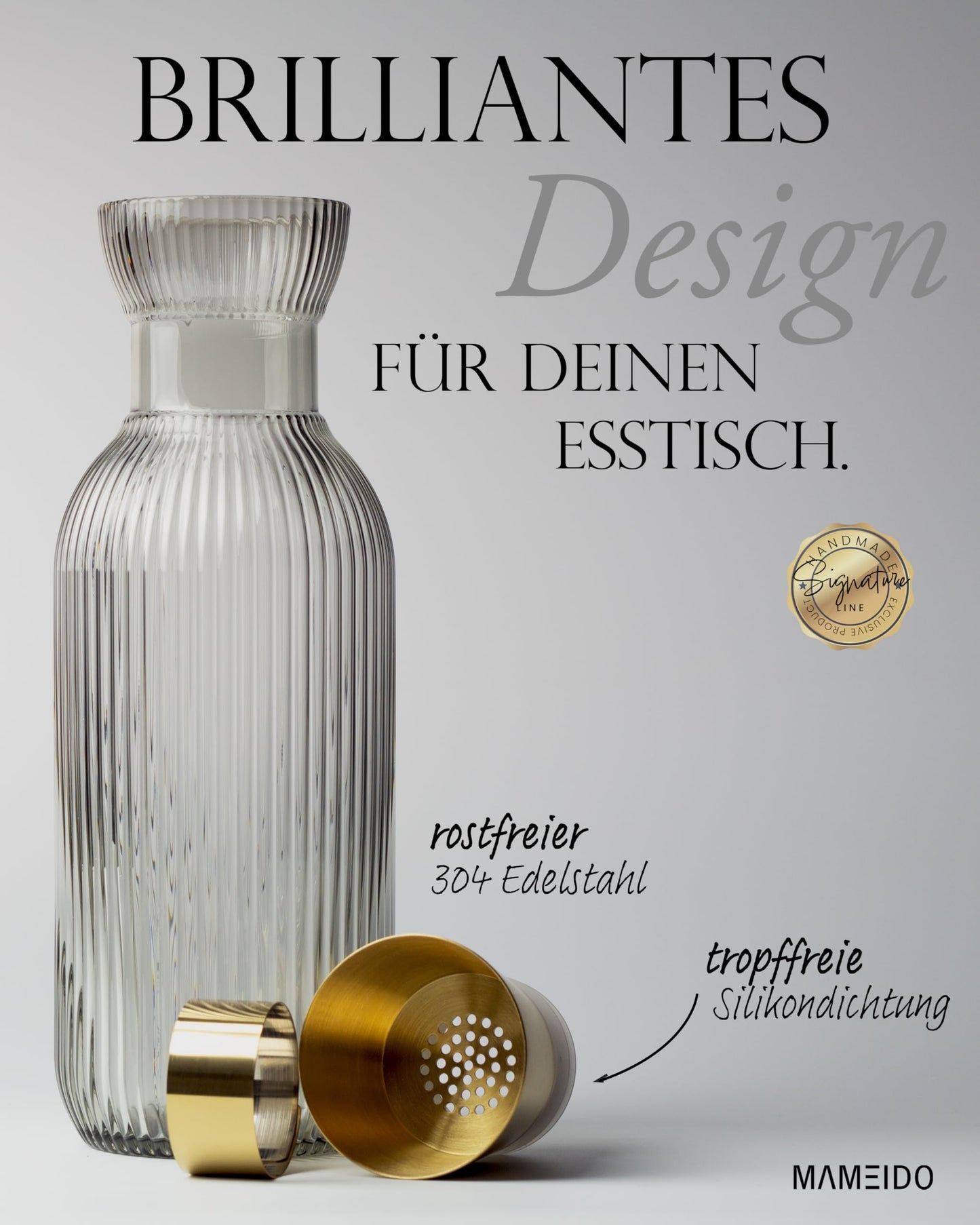 MAMEIDO Wasserkaraffe 1l & 1,5l - Glaskaraffe mit Deckel & Sieb, mundgeblasene Karaffe Glas, Wasserkrug mit edler Optik für besondere Anlässe, Karaffen zum Verschenken (Smoke Gold, 1000ml)
