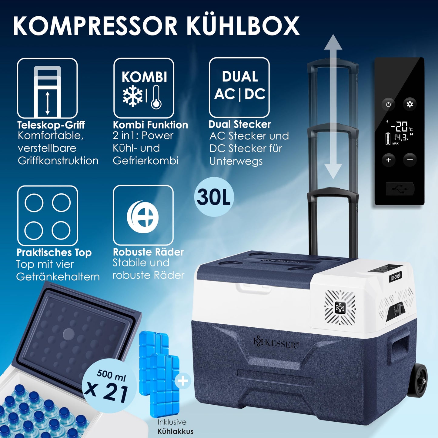KESSER® Kompressor Kühlbox elektrisch Gefrierbox, 30 Liter Mit APP-Steuerung USB-Anschluss 12/24 V 230V, +Teleskopstange, 2x Kühlakkus Räder Kühlschrank Kühlung bis -20 °C für Auto, Lkw, Boot