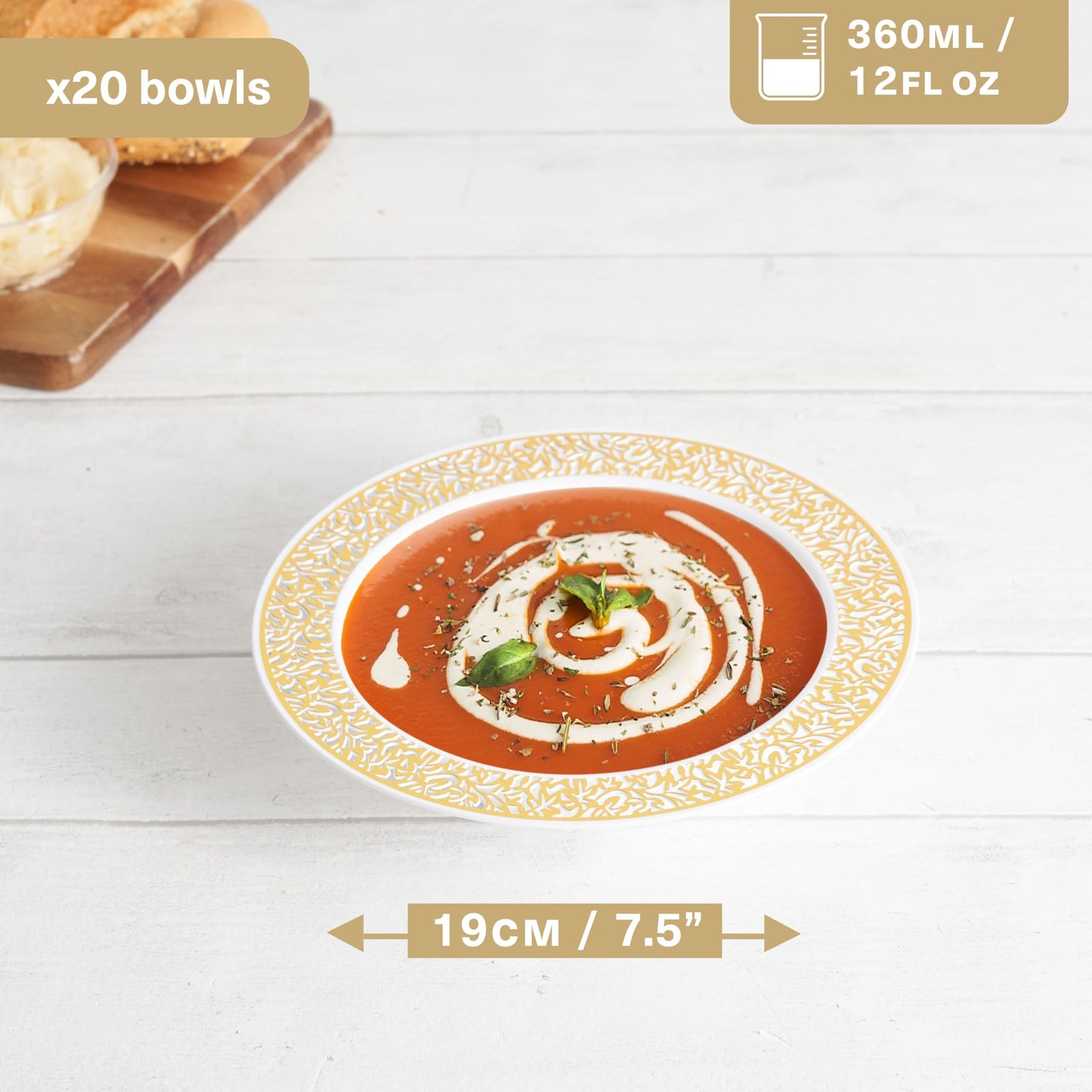 MATANA 20 Weiße Plastikschalen mit Goldrand, Suppenteller, Suppenschalen (360ml) - Suppenschüssel für Hochzeiten, Geburtstage, Taufen, Weihnachten, Partys - Mehrweg & Stabil