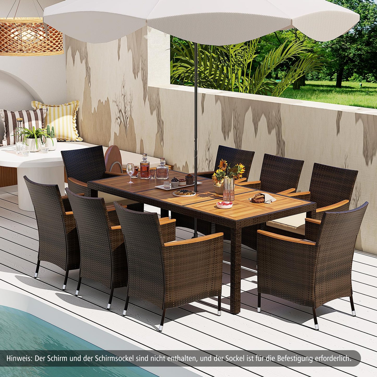 COSTWAY 9 TLG. Rattan Gartenmöbel Set, Sitzgruppe für 8 Personen, Gartentisch mit Tischplatte aus Akazienholz, 8 stapelbare Stühle & Kissen, Terrassenmöbel Set, Sitzgarnitur, Gartengarnitur, Essgruppe