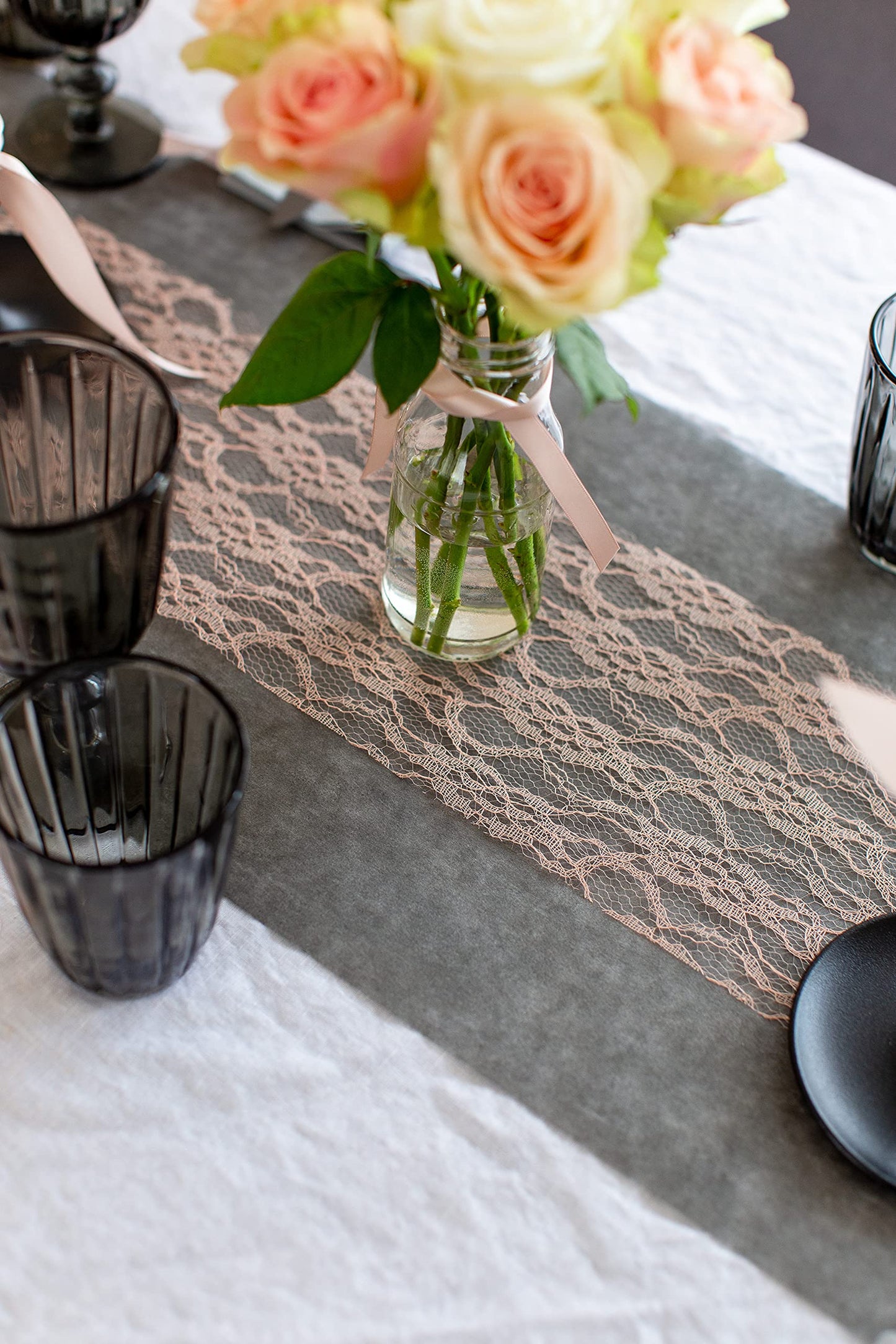 100%Mosel Tischläufer Spitze, in Vintage Rosé (15 cm x 20 m), zartes Tischband aus Spitze, edle Tischdeko für Hochzeit & Taufe, Festliche Dekoration für besondere Anlässe