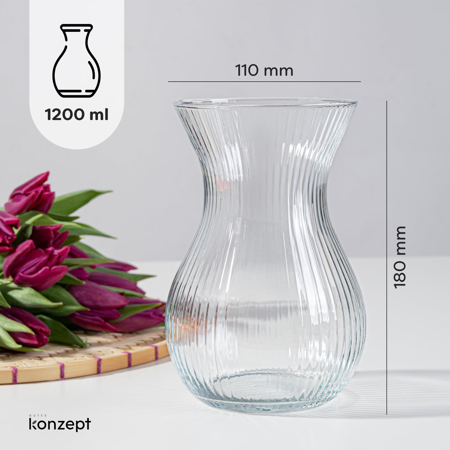 KONZEPT Blumenvase Glas 18 cm Hoch, ⌀ 11 cm, Vase für Tulpen Durchsichtig, Spülmaschinenfest - Kleine Vase für Tischdeko bei Hochzeiten & Partys