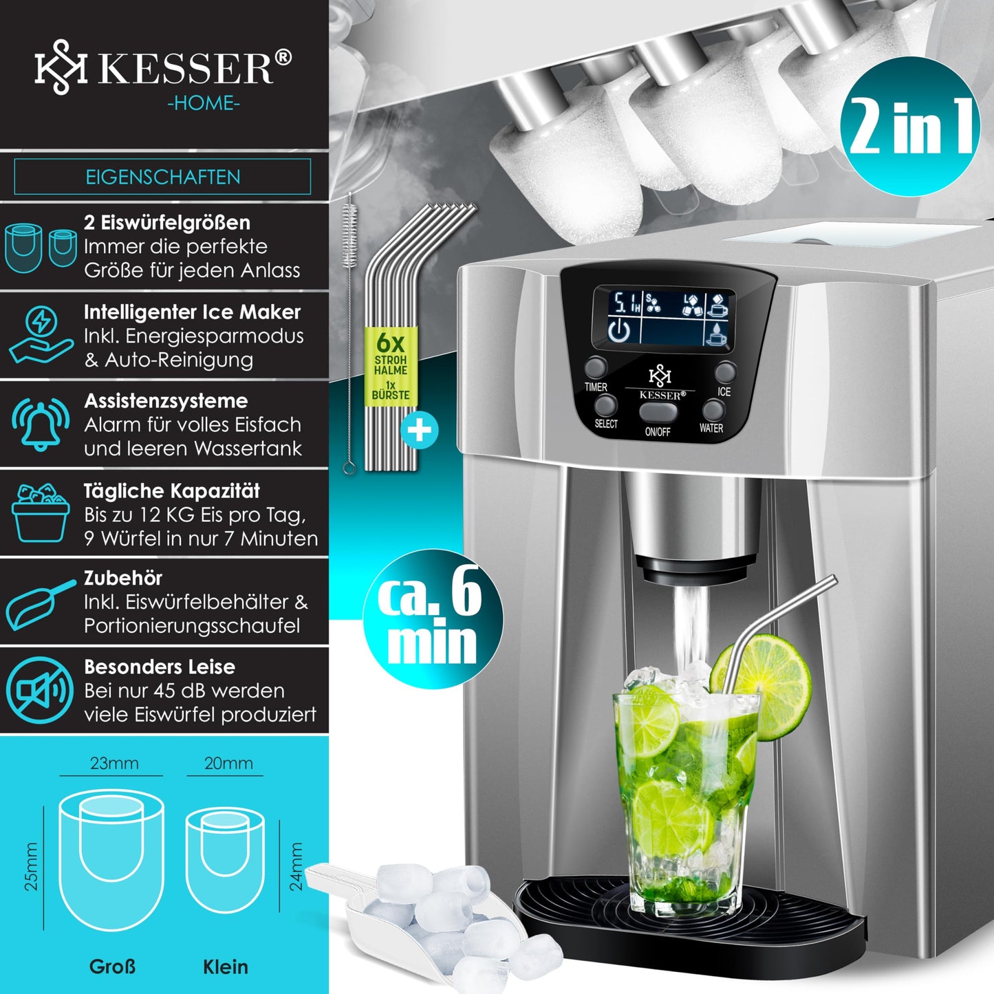 KESSER® Eiswürfelbereiter | Eiswürfelmaschine Edelstahl | 100W Ice Maker | 12 kg 24 h | 2 Würfelgrößen | Zubereitung in 6 min | 2 Liter Wassertank | Timer | LCD-Display | Wassertank, Silber