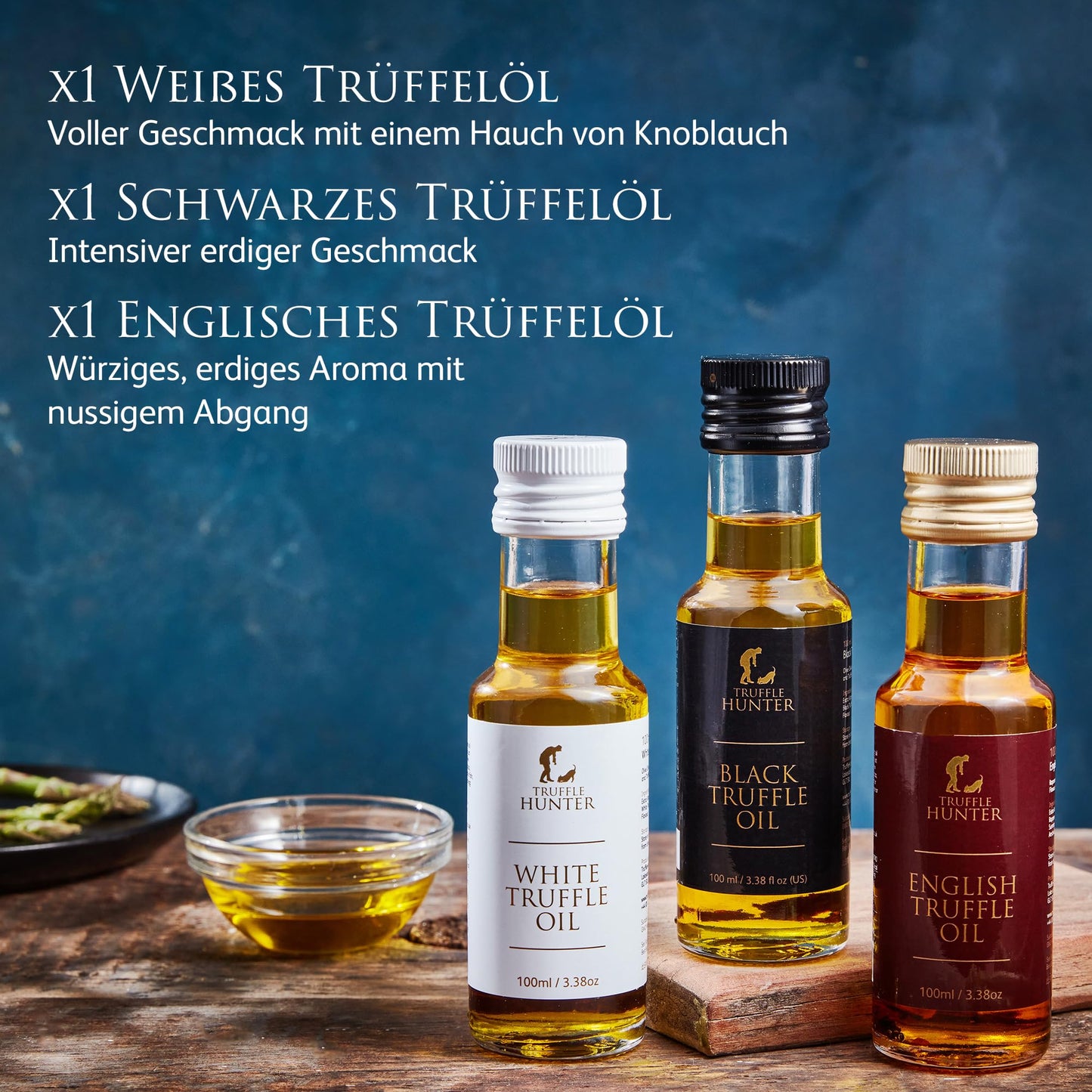 TruffleHunter – Trüffelöl-Set mit englischen, schwarzen und weißen Trüffeln – Natives Olivenöl extra & Kaltgepresstes Rapsöl – 100 ml x 3