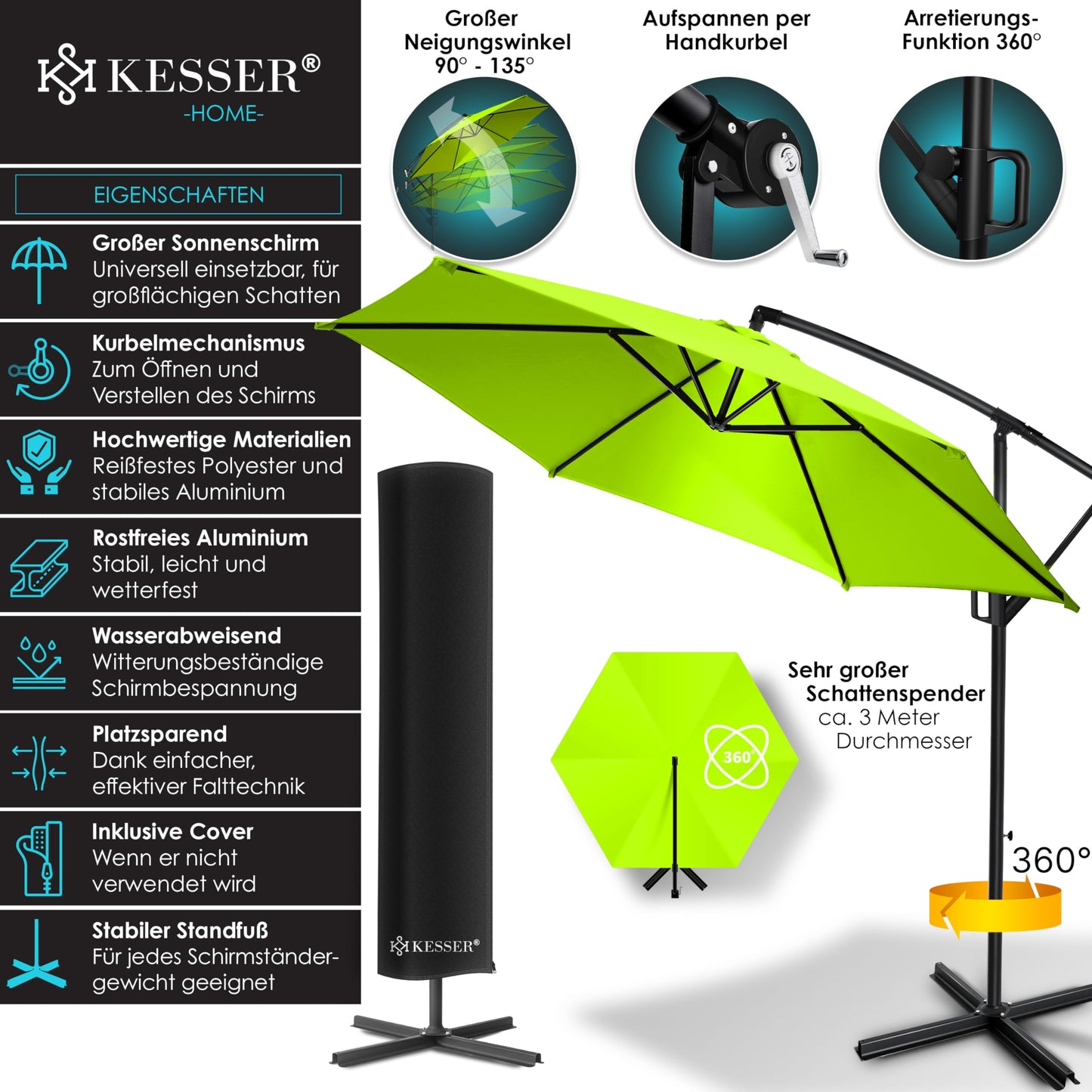 KESSER® Alu Ampelschirm Sonnenschirm + Abdeckung Ø350 cm & Kurbelvorrichtung Kurbelschirm mit Ständer UV-Schutz Aluminium Wasserabweisende Bespannung 360° Funktion Garten-Schirm Marktschirm Hellgrün