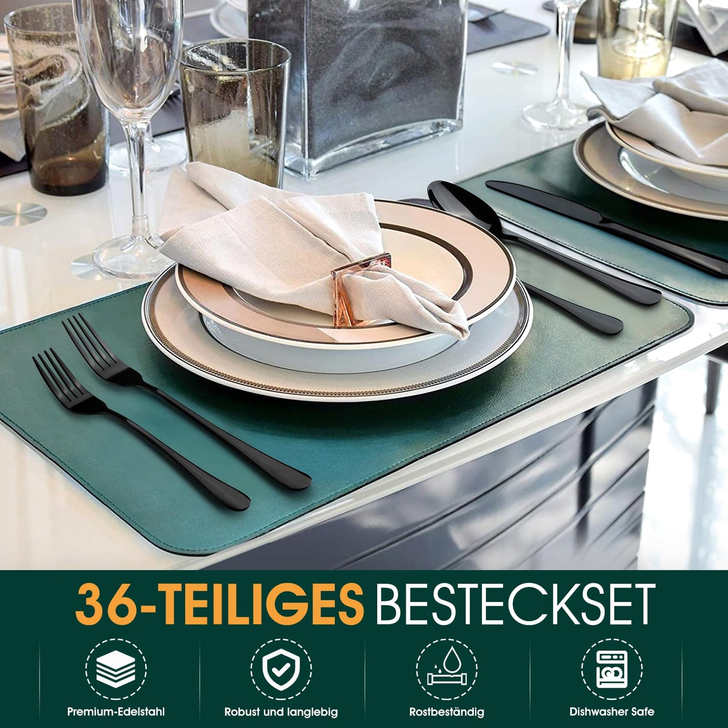 TAN REN Besteck Set Schwarz 6 Personen, 36-Teiliges Edelstahl Besteckset Schwarz mit Steakmesser, Elegantes Essbesteck mit Messer Gabel Löffel, Tafelbesteck für Küche/Restaurant