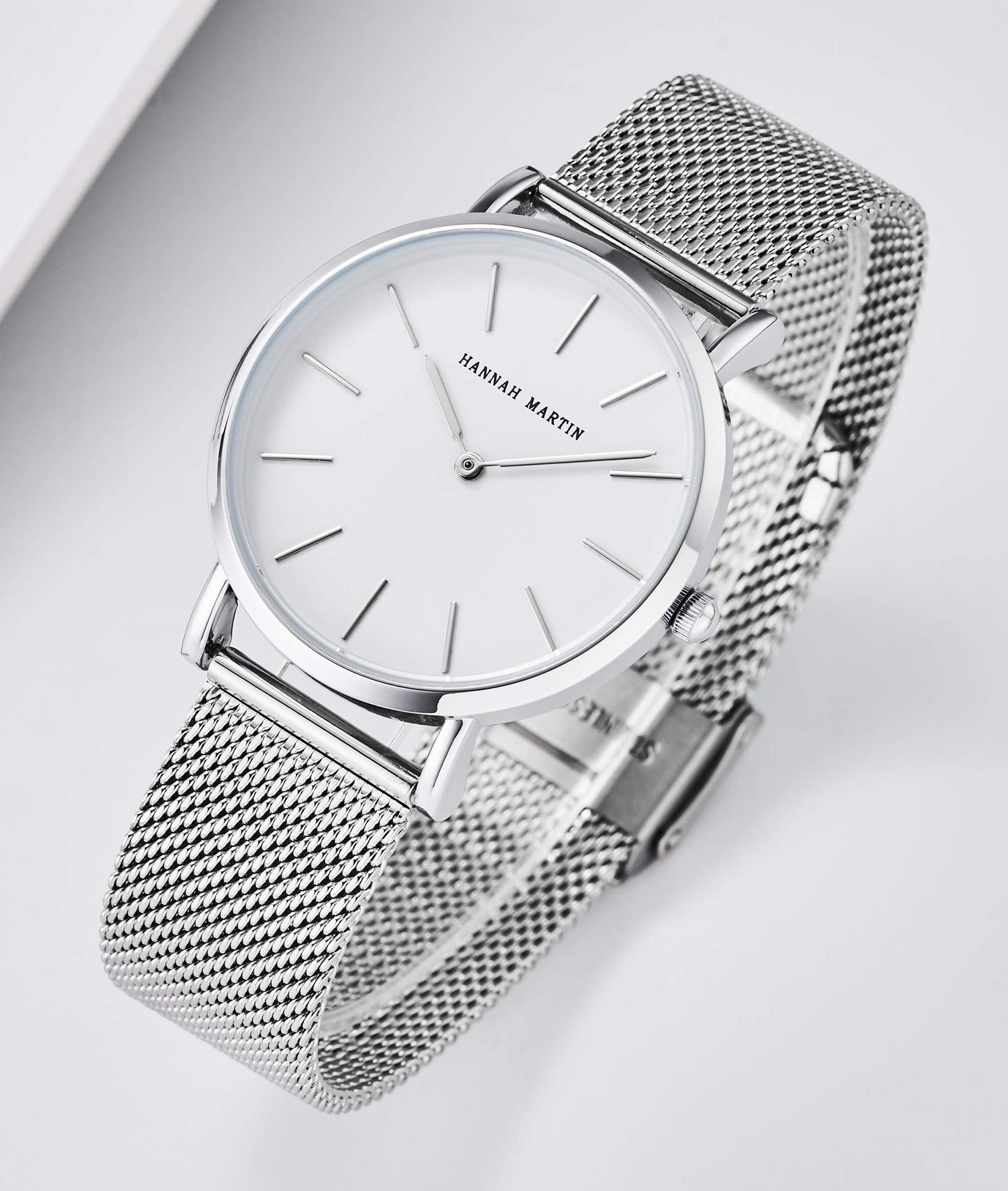 HANNAH MARTIN Damen Uhren Analog Quarz Edelstahl Wasserdicht Mesh Ultradünne (Weiß Oberfläche ,Silber Armband)