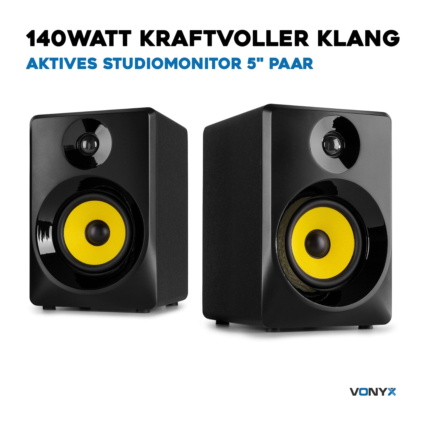 Vonyx SMN50B - Studio Monitor, Aktiv Lautsprecher Set, 140 Watt, 5 Zoll Studiolautsprecher Set, DJ Monitor Speakers, Abhörmonitor, Studiomonitor, PC Lautsprecher, Home Studio Boxen Aktiv, Schwarz