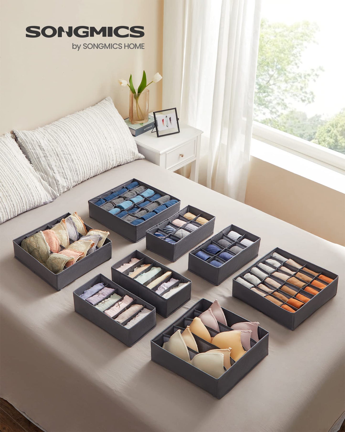 SONGMICS Unterwäsche-Organizer 8er Set, Schubladen-Organizer faltbar, Ordnungssystem Kleiderschrank, Aufbewahrungsbox Schrank, Stoffboxen Aufbewahrung, für BHs Socken Krawatten, grau RUS08GY