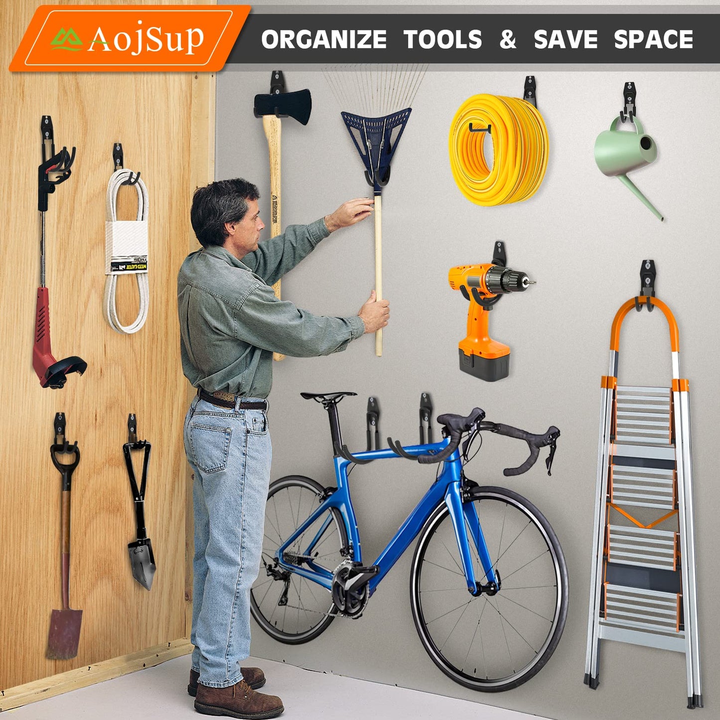 AojSup 12 Stück Wandhaken Garage – Schwerlast Doppelhaken Set, Garage Storage Hooks zur Organisation für Leiter, Fahrräder, Schläuche, Elektrowerkzeuge und Gartengeräte – Schwarz