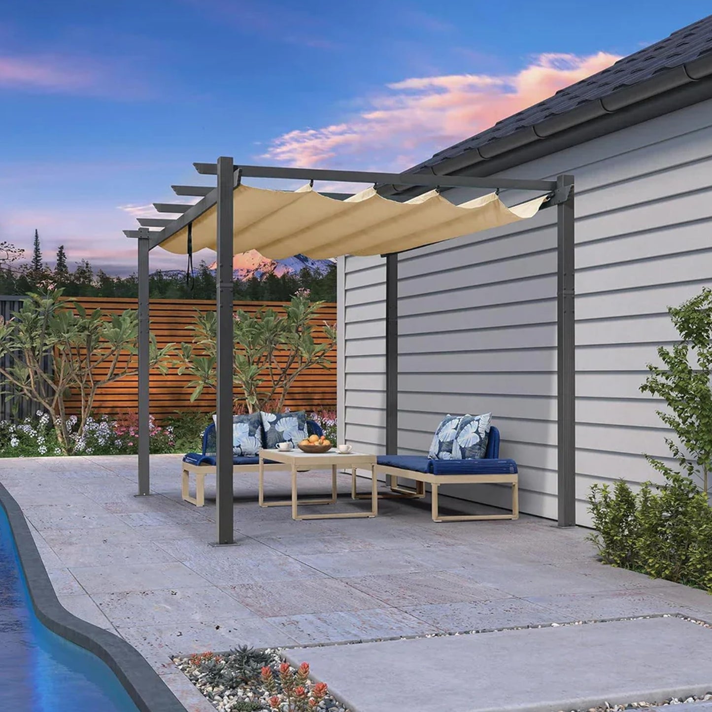 PURPLE LEAF Pergola 2.8 x 4 m Wasserdicht Stabil Winterfest, Aluminium Garten Pavillon mit Schiebedach, gerade Seitendesign, Terrassenüberdachung Freistehend, Beige