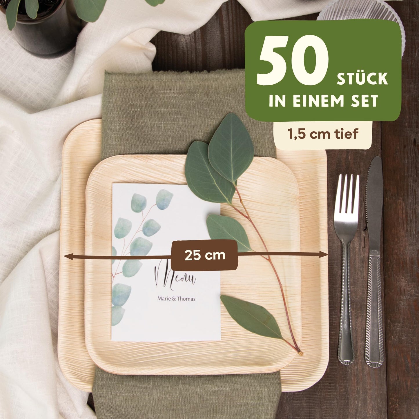 Leef 50x Palmblatt Teller eckig - Einweggeschirr kompostierbar und naturbelassen - 25 x 25 cm