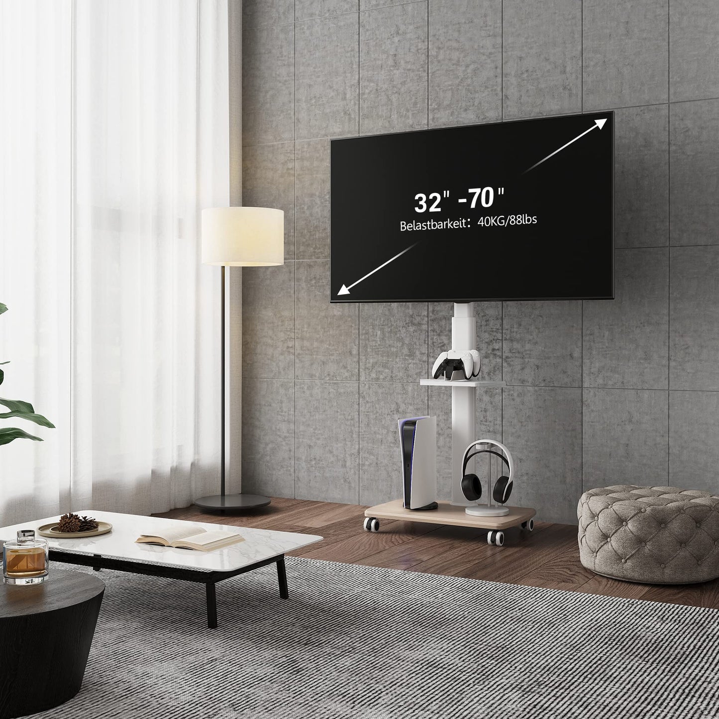FITUEYES TV Bodenständer Rollbar mit Holzablage TV Standfuß TV Ständer Fernsehstand mit Rollen höhenverstellbar schwenkbar für 32 bis 70 Zoll Flachbildschirm bis zu 40kg. Max. VESA. 400 * 600