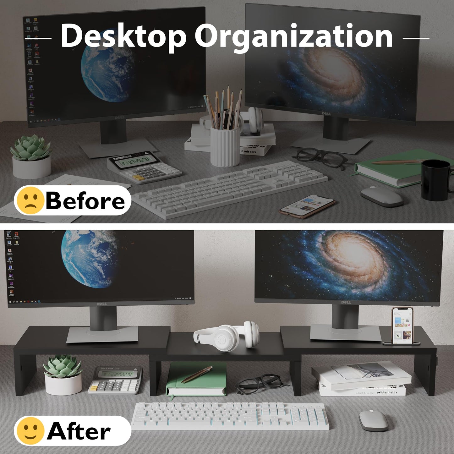 BONTEC Dual Monitor Stand Riser, Desktop Monitorständer mit Smartphone-Halter, Verstellbare Länge und Schwenkwinkel Holz Desktop Organizer, für PC Monitor Laptop Drucker