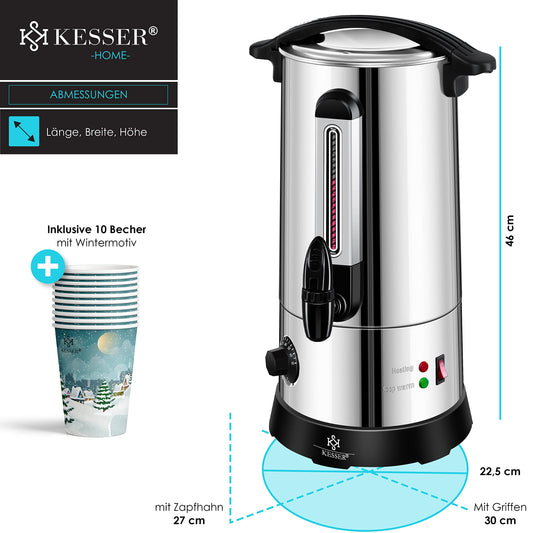 KESSER® Glühweinkessel 10L Edelstahl Inkl. 10x Becher Glühweinkocher mit Thermostat Glühweinautomat Heißgetränkeautomat Wasserkocher Heißwasserspender Einkochautomat Füllstandanzeige Zapfhahn