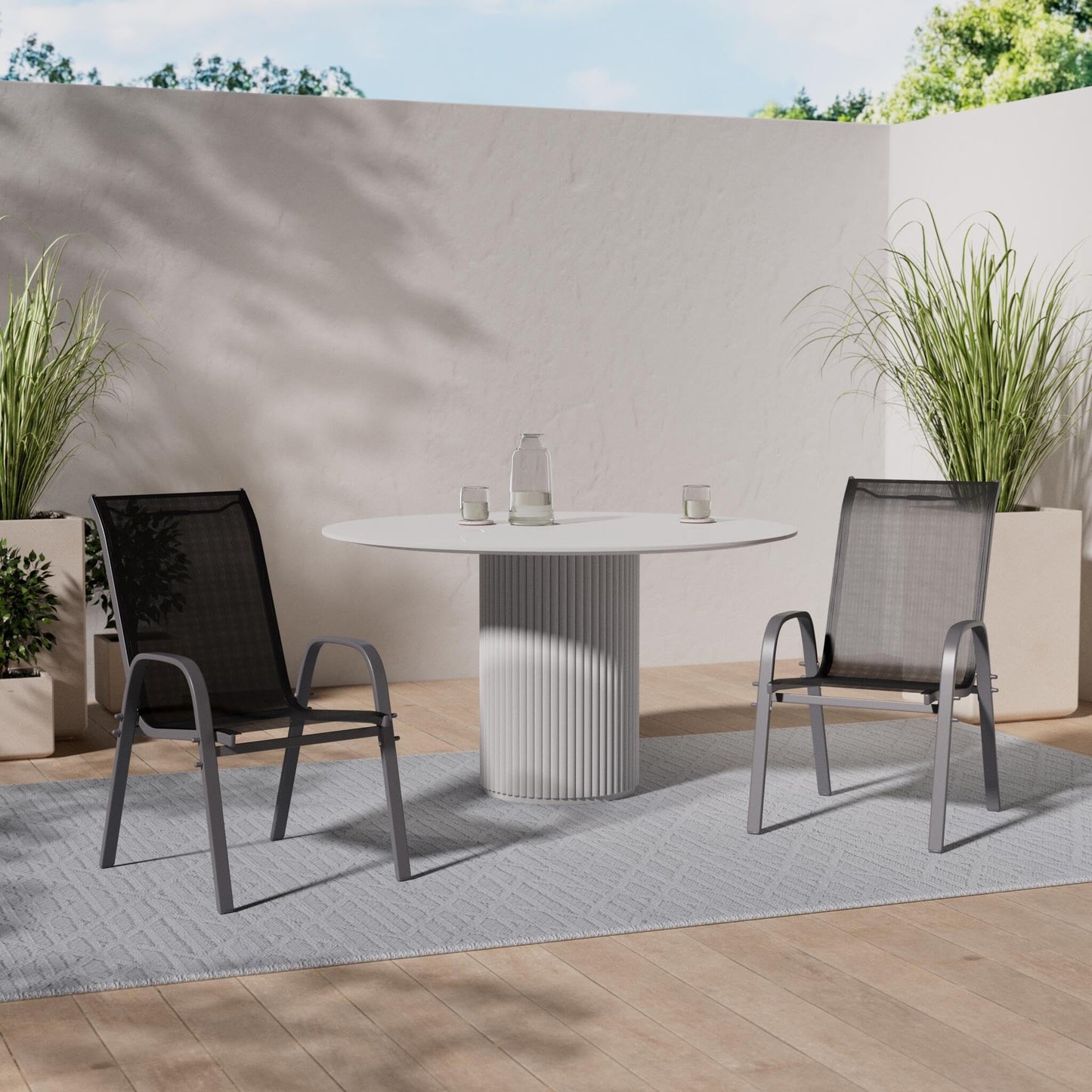 Nexos Trading 4er Set Gartenstuhl Camping Stapelstuhl Hochlehner Terrassenstuhl – Textilene Stahl stapelbar – Farbe: Rahmen anthrazit/Bespannung schwarz