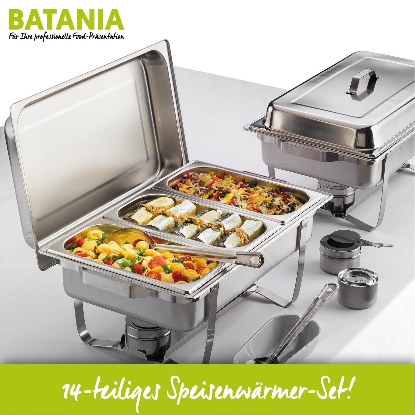Batania 2 Chafing Dishes/Speisewärmer, 14-teilig, Gastronomiequalität, Edelstahl – Robuste Wärmebehälter für Buffet, Catering und Grillabende