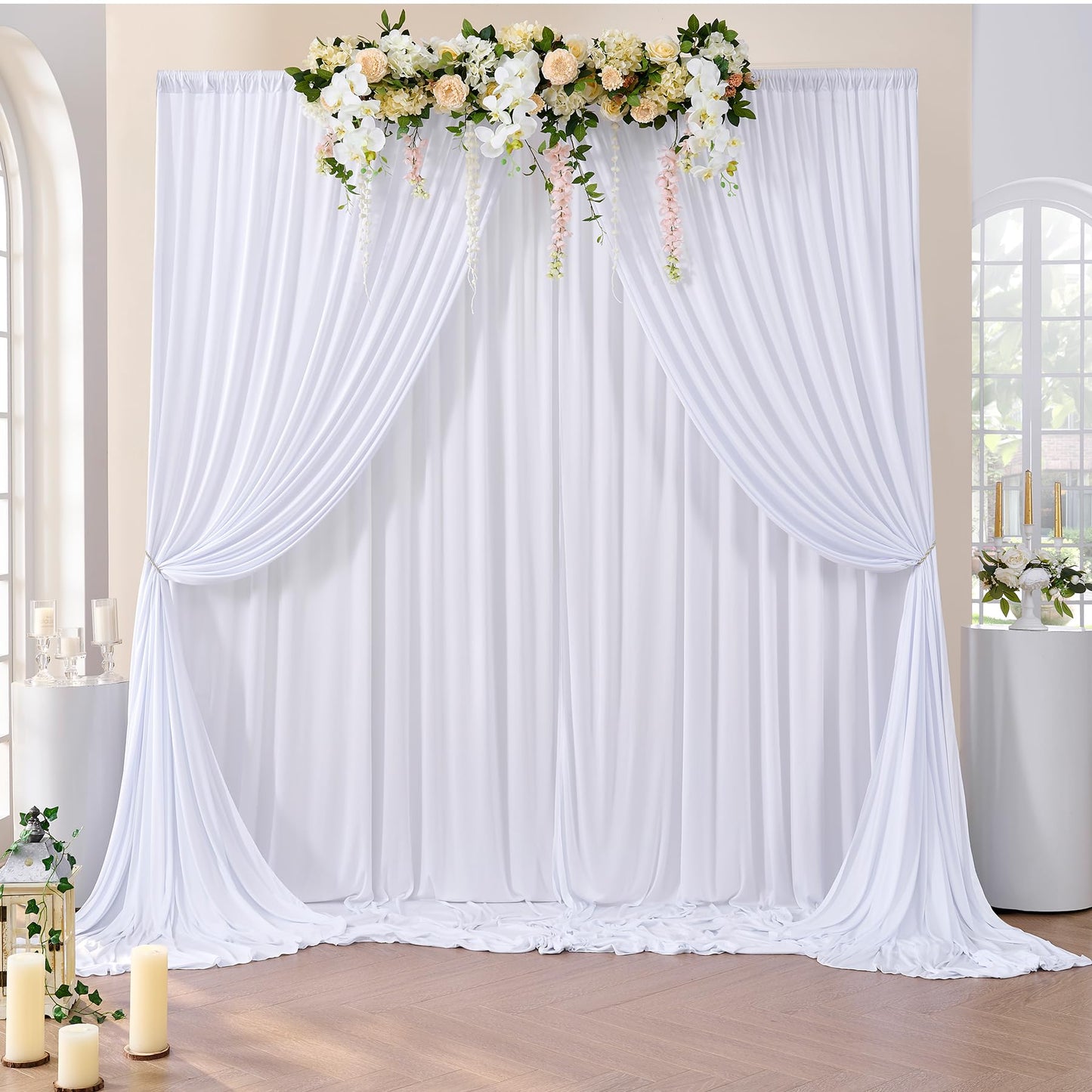 3×3 m Weiß Hochzeit Hintergrund Vorhang, 2 Platten 1,5×3m Faltenfreie Seide Polyester Weißer Fotowand Hintergrund Fotografie, Geburtstag Party Babydusche Deko Kulissen Hintergründe Vorhänge