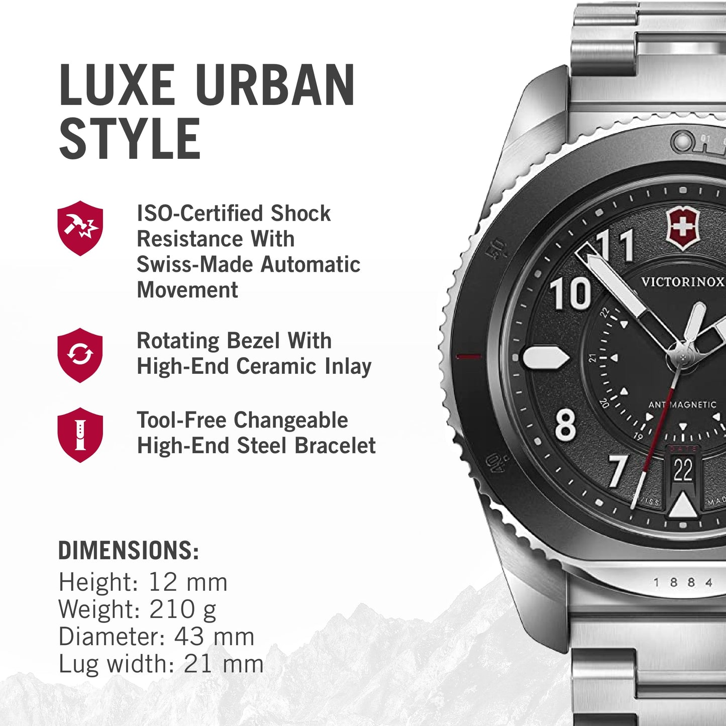 Victorinox Herren Armbanduhr Journey 1884 Ø 43 mm, Swiss Made, Analog Quarz, Wasserdicht bis 200 m, Edelstahl-Armband, Schwarz/Silber