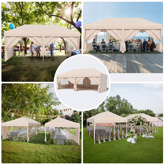 TRIUMPHKEY Pavillon, Faltpavillon 3x6 m mit 6 Seitenwänden, Partyzelt UV-Schutz 50+, Höhenverstellbarer Gartenpavillon mit Tragetasche,Pavillion für Outdoor Garten Camping Grün,Beige