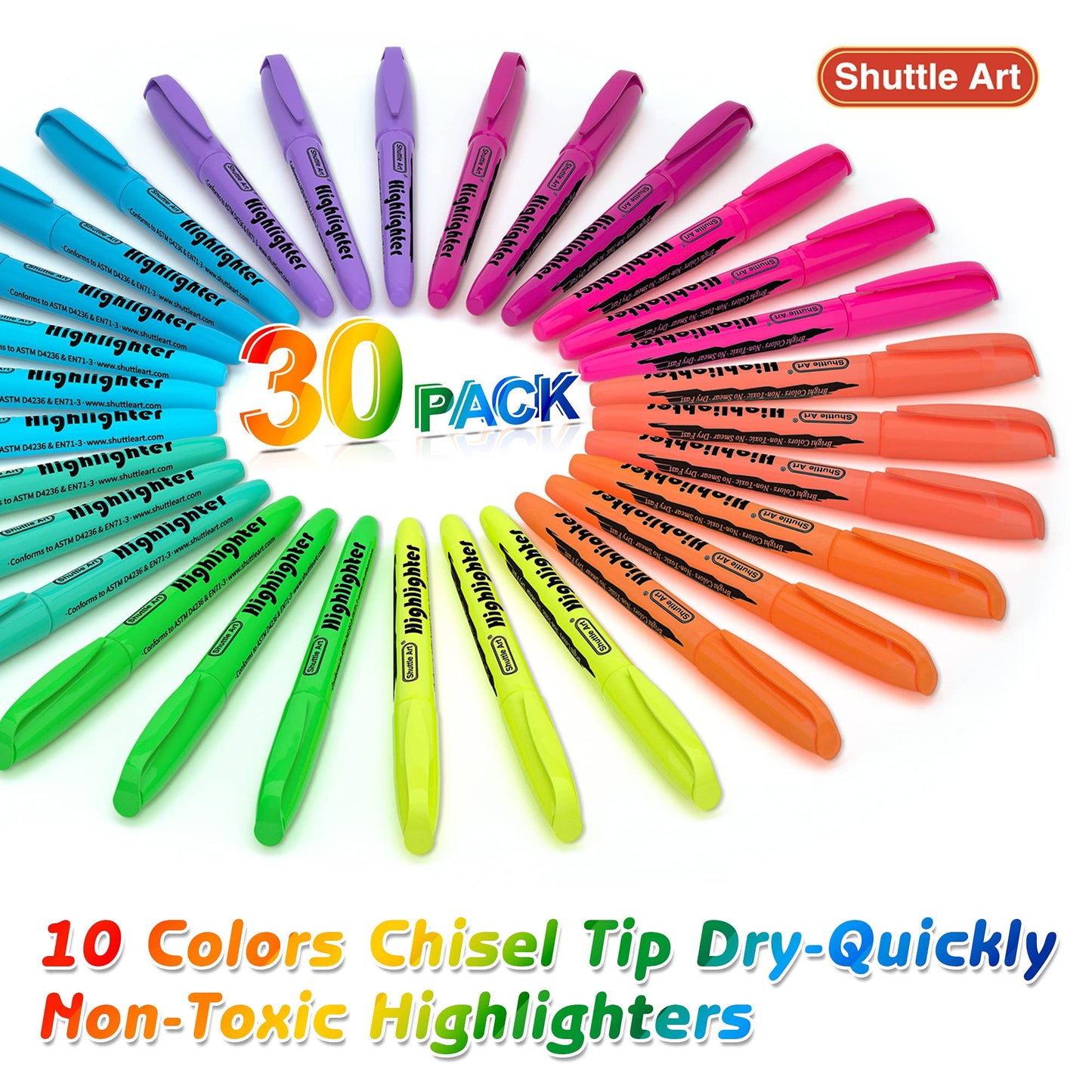 Shuttle Art Textmarker, 30 bunte Textmarker mit 10 Farben, schnelltrocknend, ungiftig, Textstifte mit leuchtenden Farben und Meißelspitze, geeignet für Erwachsene und Kinder, ideal für Zuhause