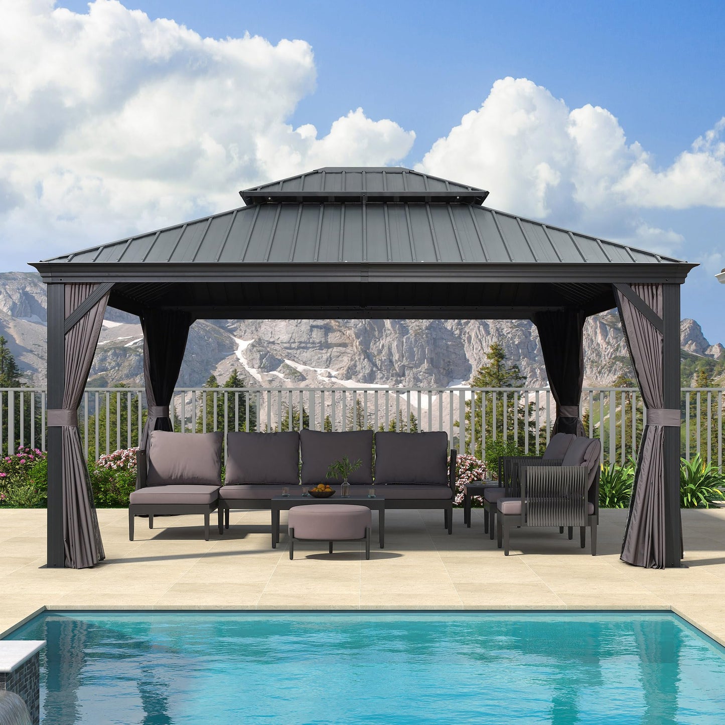 PURPLE LEAF Alu Pavillon 4 x 4.6 m Wasserdicht Stabil Winterfest Gartenpavillon mit Stahldach Hardtop Pavillon mit Seitenteile, Grau