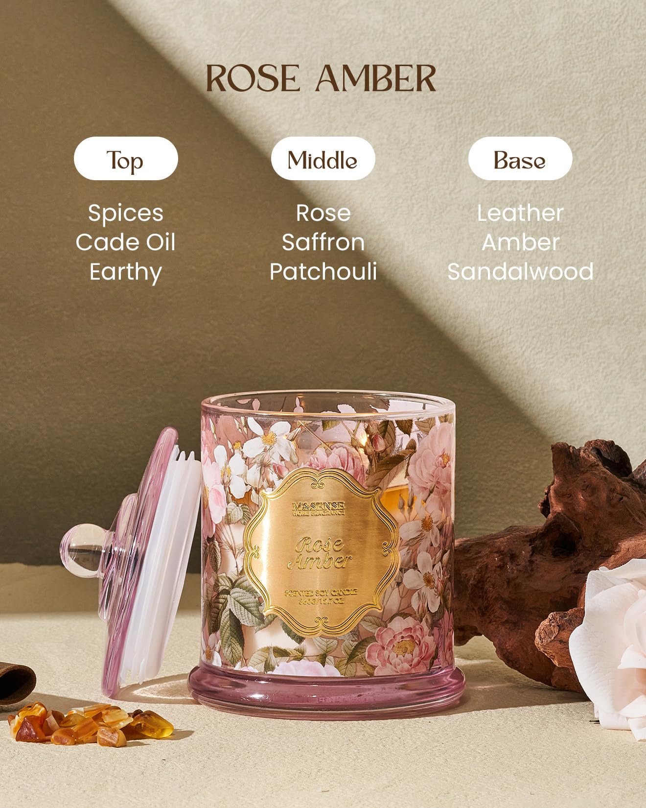 M&SENSE Duftkerze im Glas Rose & Bernstein Kerzeduft 500g Kerze mit langer Brenndauer über 60 Stunden Sauber Verbrennung romantische Heimdeko und Geschenk für Frauen