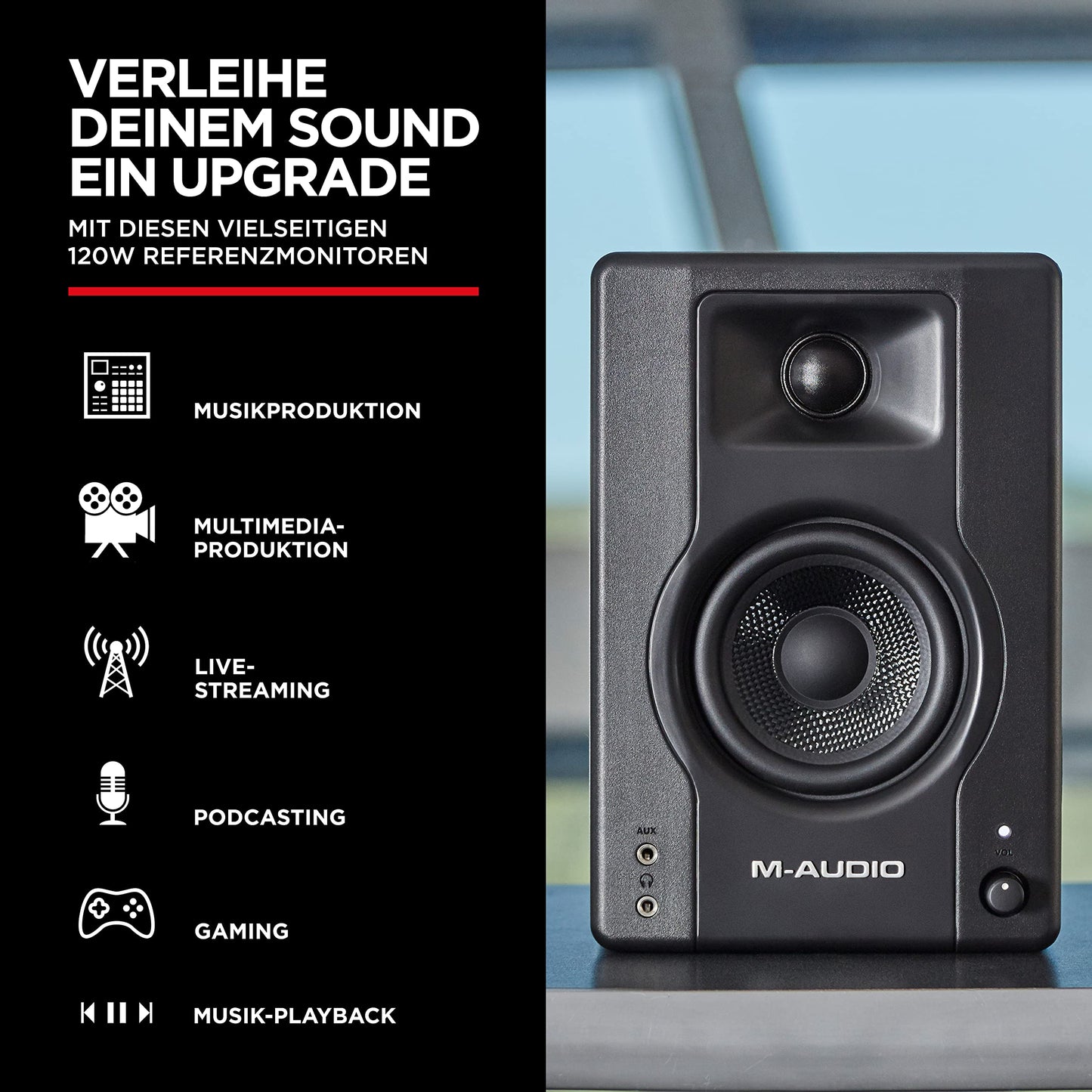 M-Audio BX3 - Aktive 120-Watt Desktop-Computerlautsprecher / Studiomonitore für Gaming, Musikproduktion, Live-Streaming und Podcasting (Paar)