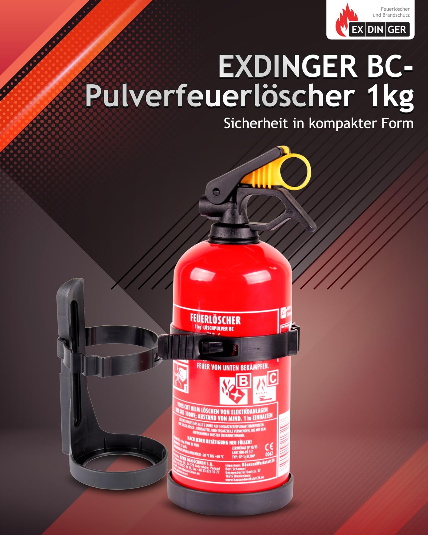 EXDINGER BC-Pulver-Autofeuerlöscher 1kg (Aufladelöscher GP-1Z BC Halterung Sicherungskeil Instandhaltungsnachweis)