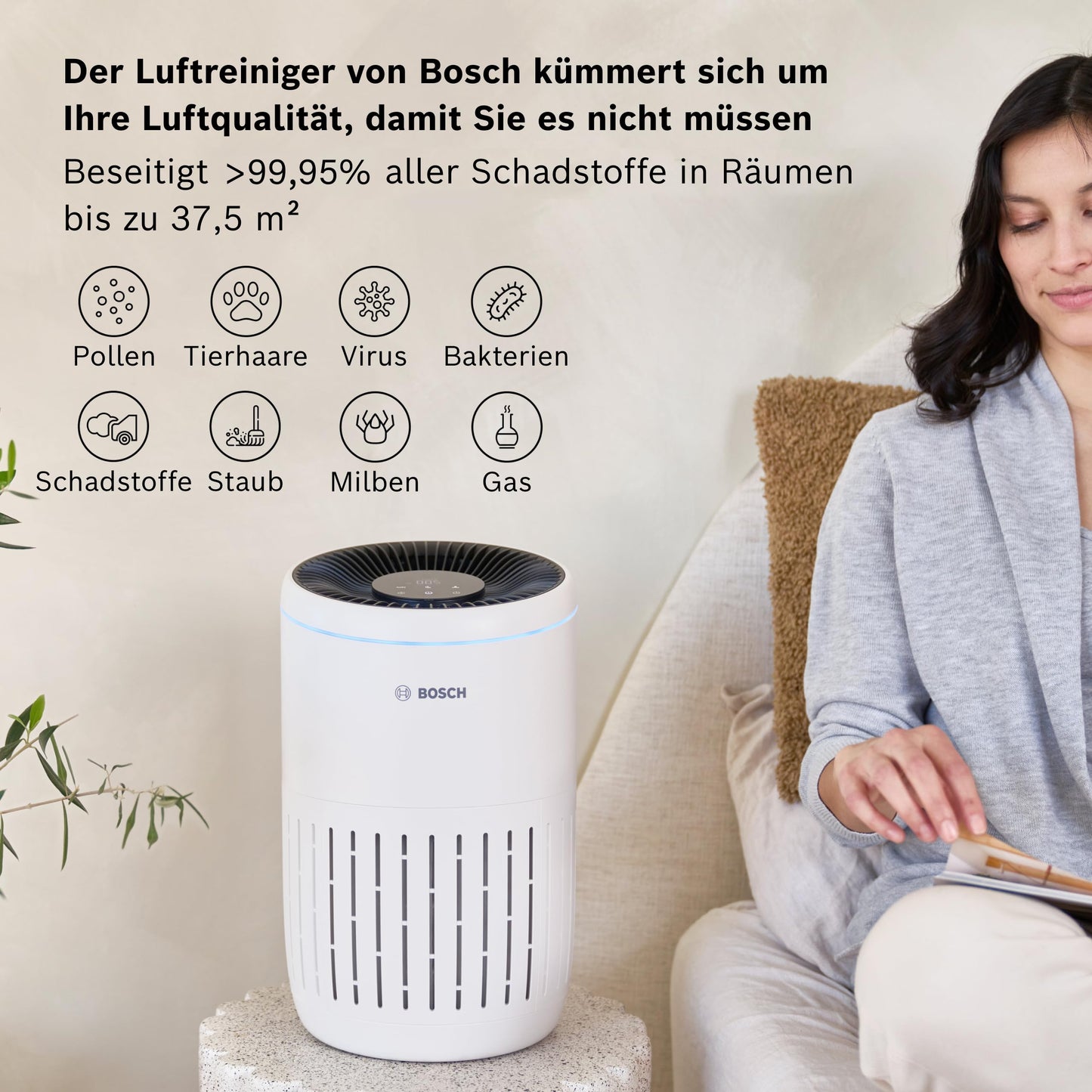 Bosch Air 2000 Luftreiniger für bis zu 37,5 m² entfernt effizient Verschmutzungen mit HEPA Filter, Smart Sensor, Ruhe-Modus - Allergiker-geeignet