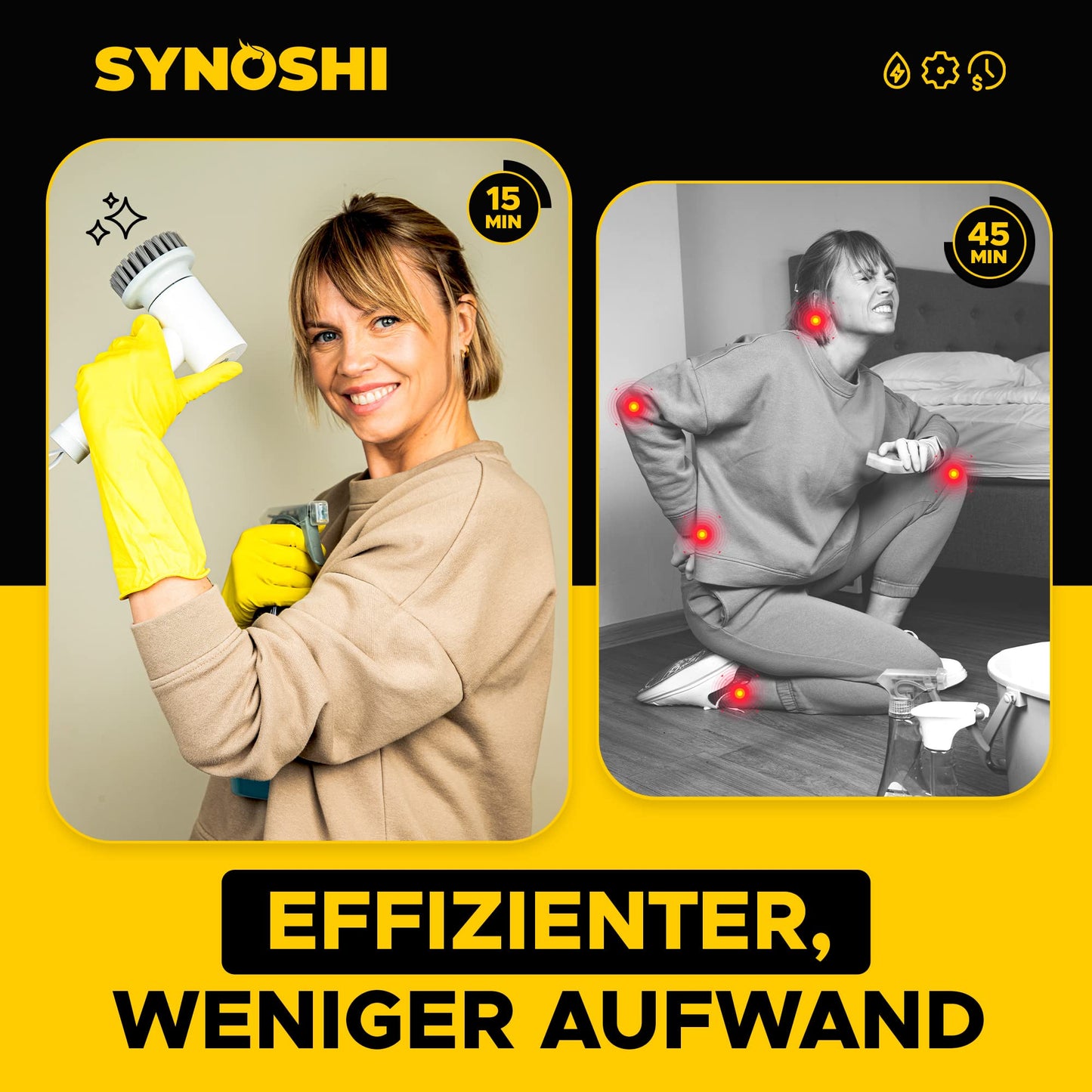 SYNOSHI | Elektrische Reinigungsbürste, Power Spin Scrubber, Reinigungsgerät mit 3 Sustauschbaren Reinigungsköpfen, Drehschrubber 2 Geschwindigkeiten. Schrubber Für Badezimmern, Duschen, Fliesen