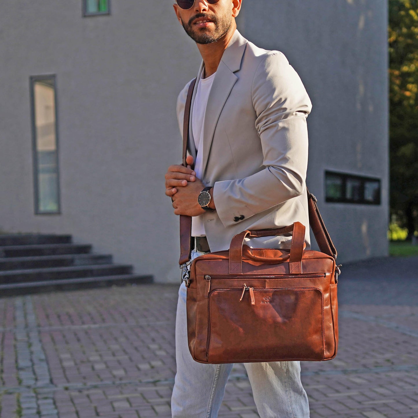 ALMADIH Leder Laptoptasche Aktentasche BRUNO antik - Premium Business Tasche Umhängetasche Unitasche Herren Messenger Arbeitstasche Schultertasche Dokumenten Kofferschlaufe braun (BRUNO antik)