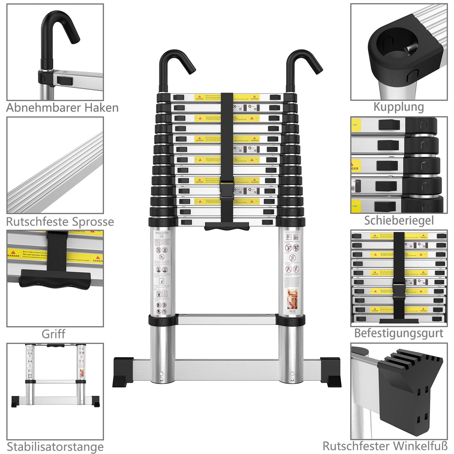 gymount Teleskopleiter 4,1 m, Leiter Ausziehbar mit Stabilisator und Abnehmbaren Haken, Alu-Klappleiter, Mehrzweckleiter, Stehleiter, Haushaltsleiter, Außenleiter, 150 kg Belastbarkeit