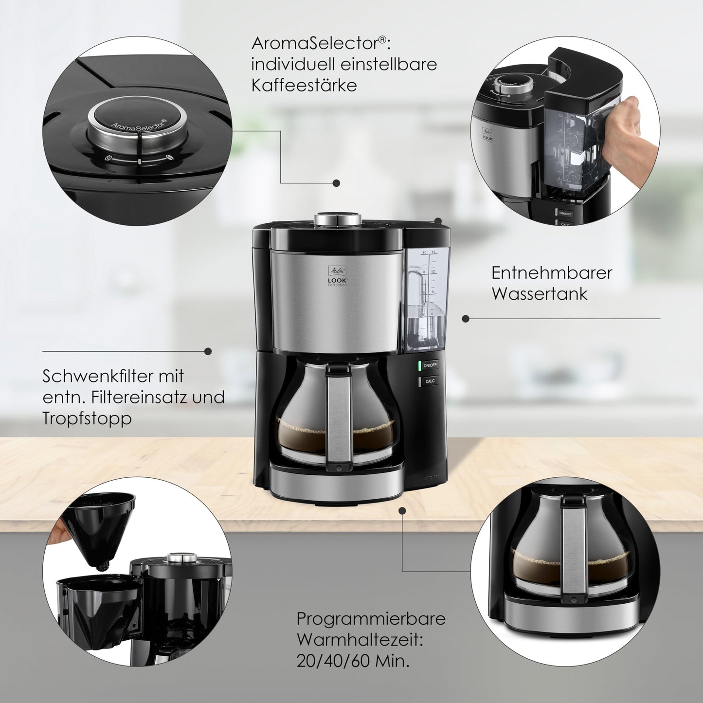 Melitta Look Perfection – Kaffeemaschine mit abnehmbarem Wassertank, Filterkaffeemaschine mit Glaskanne und Tropfstopp, für bis zu 10 Tassen Kaffee, schwarz