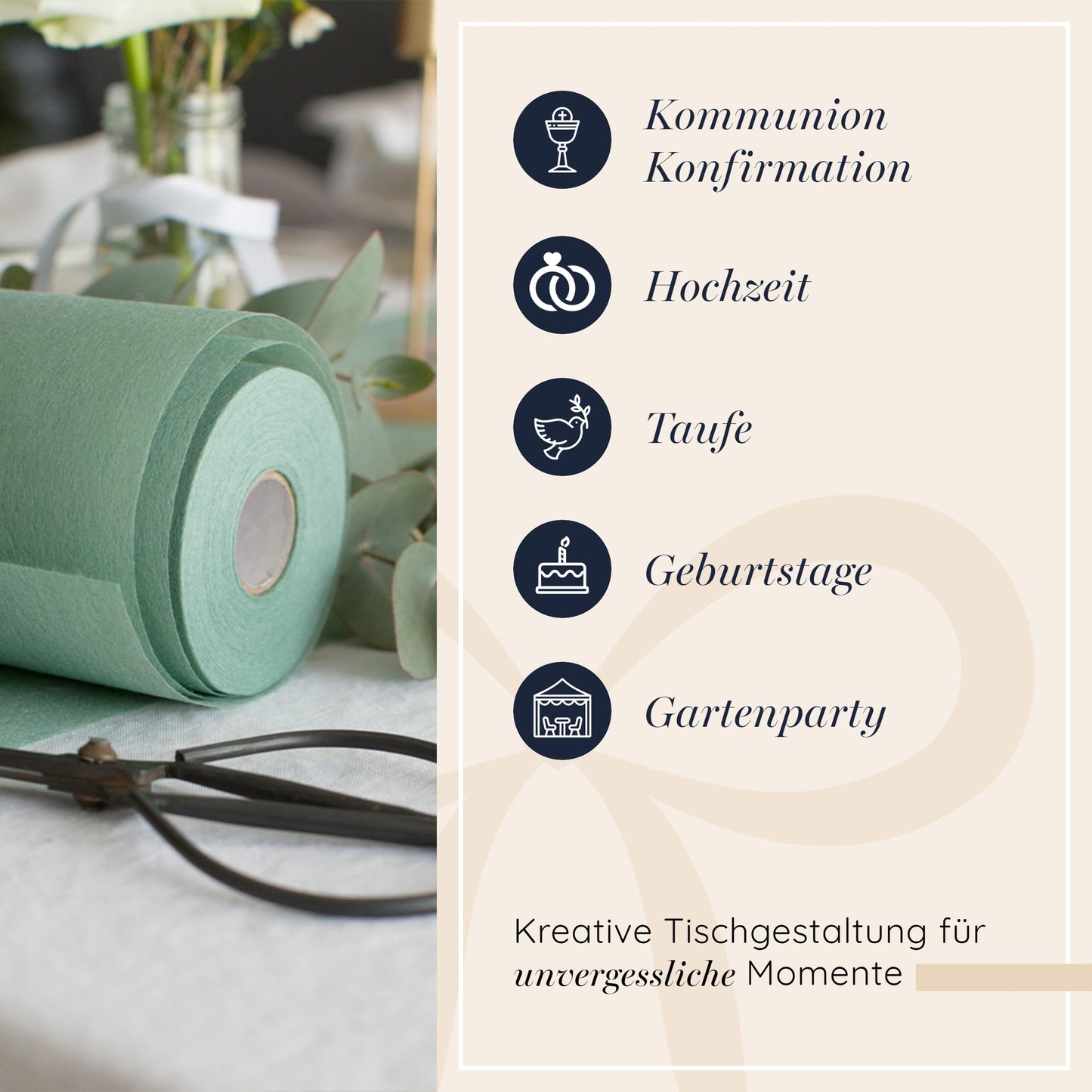 100%Mosel Vlies Tischläufer, in Eukalyptus Grün (30 cm x 25 m), dekoratives Tischband, edle Tischdeko für Geburtstage & Hochzeiten, Bunte Dekoration zu besonderen Anlässen